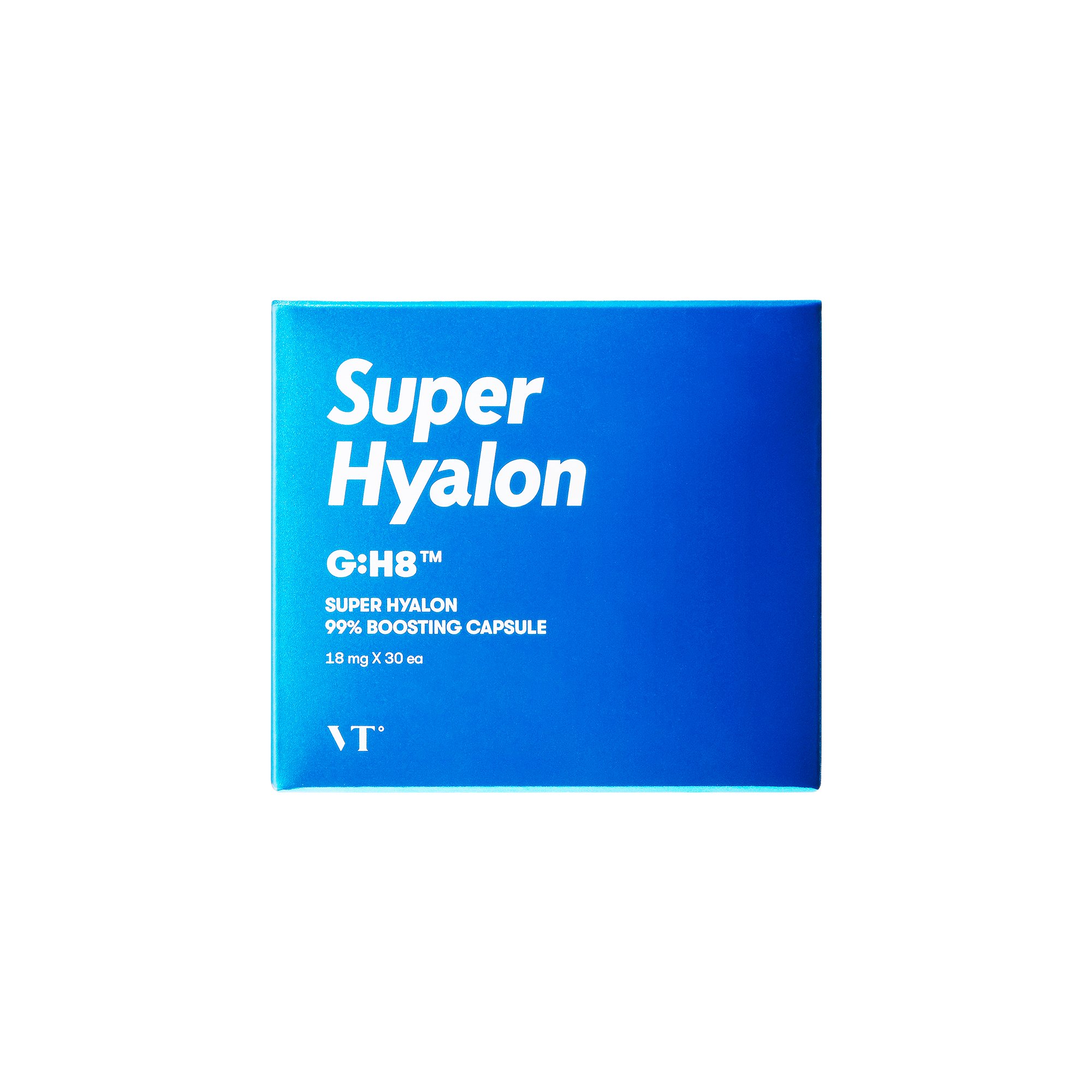 VT Super Hyalon 99% Boosting Capsule packaging showcasing 30 individual capsules for intense hydration.