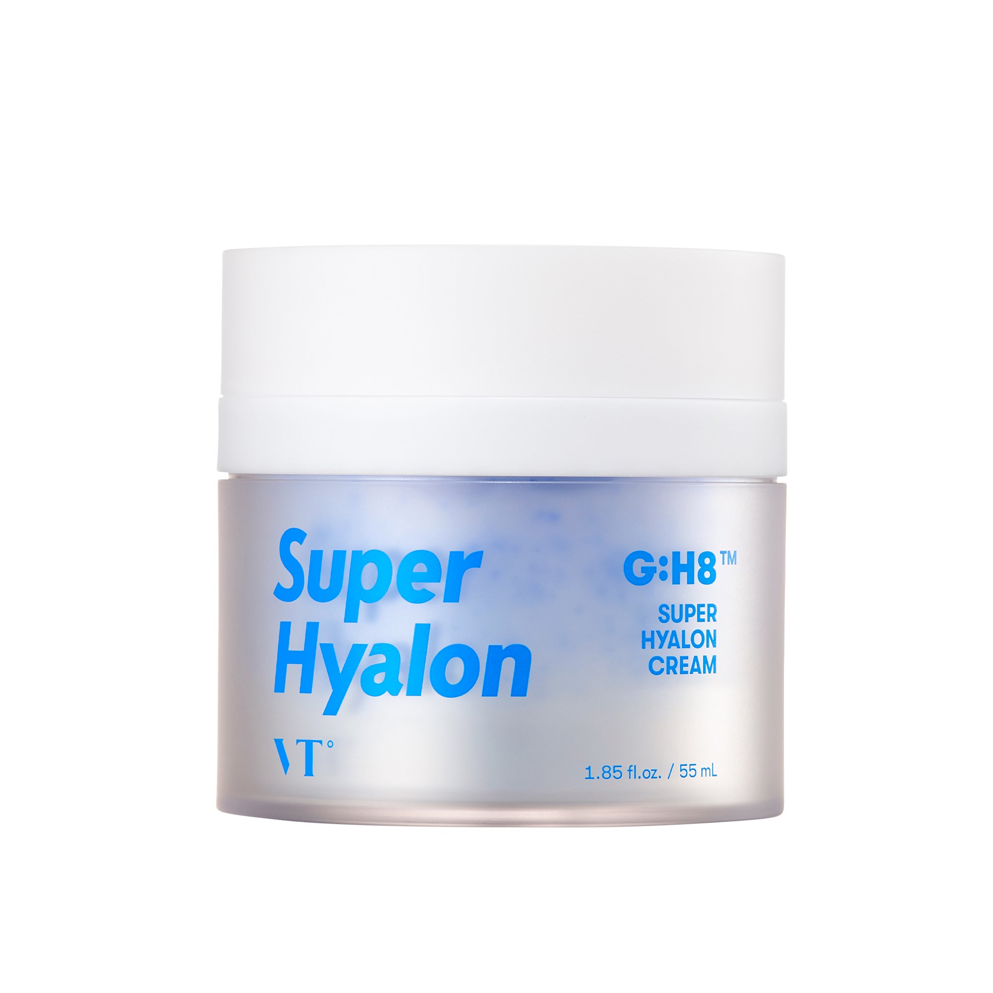 VT SUPER HYALON CREAM in a sleek jar, showcasing its bluish moisturizing capsules for hydration.