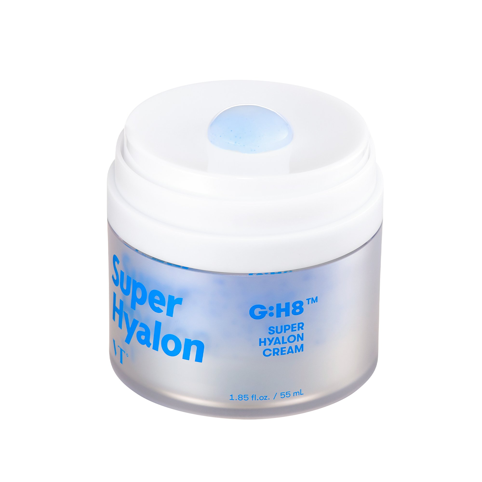 VT SUPER HYALON CREAM in a sleek jar, showcasing its bluish moisturizing capsules for hydration.