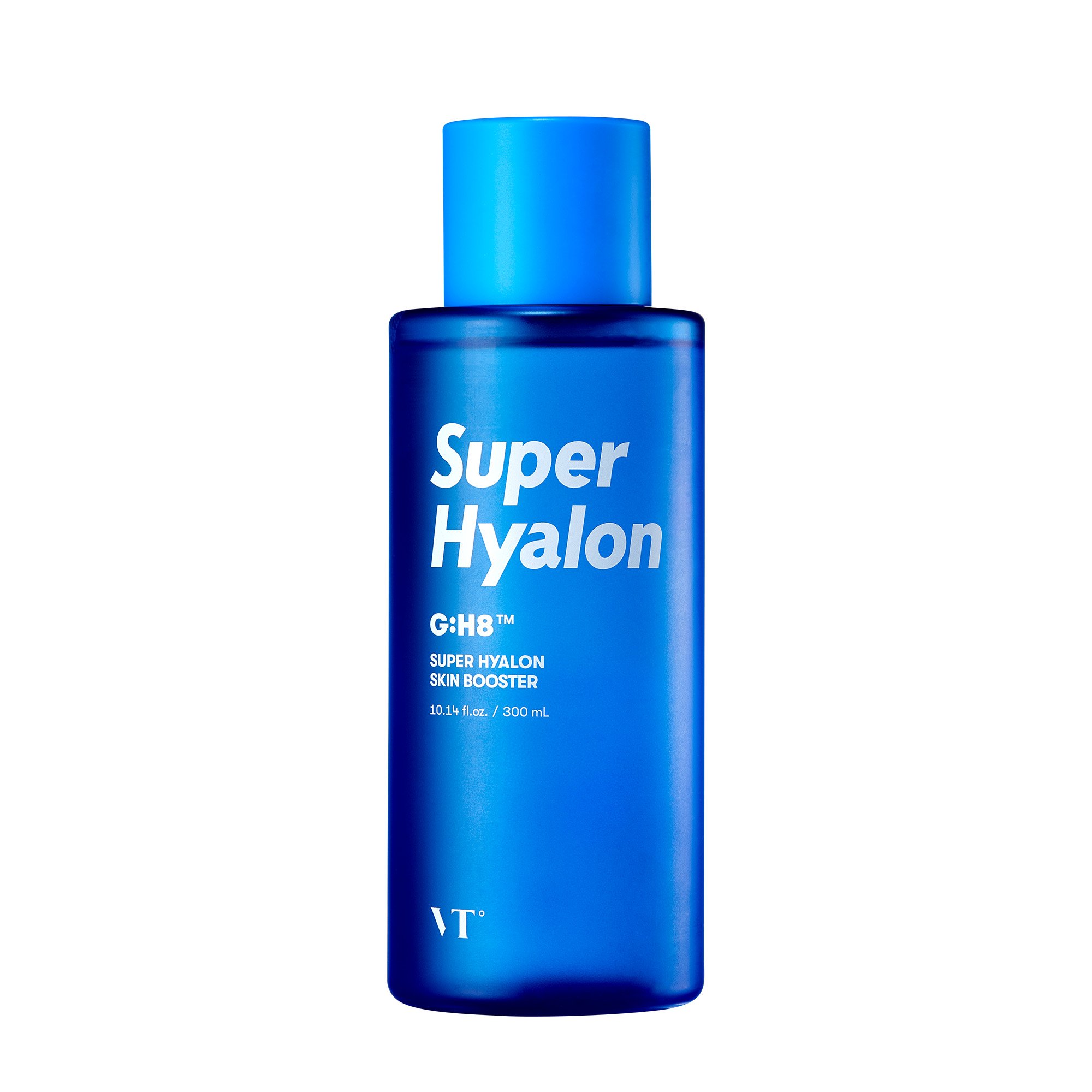 VT SUPER HYALON SKIN BOOSTER bottle with a sleek design, showcasing its hydrating properties and key ingredients.