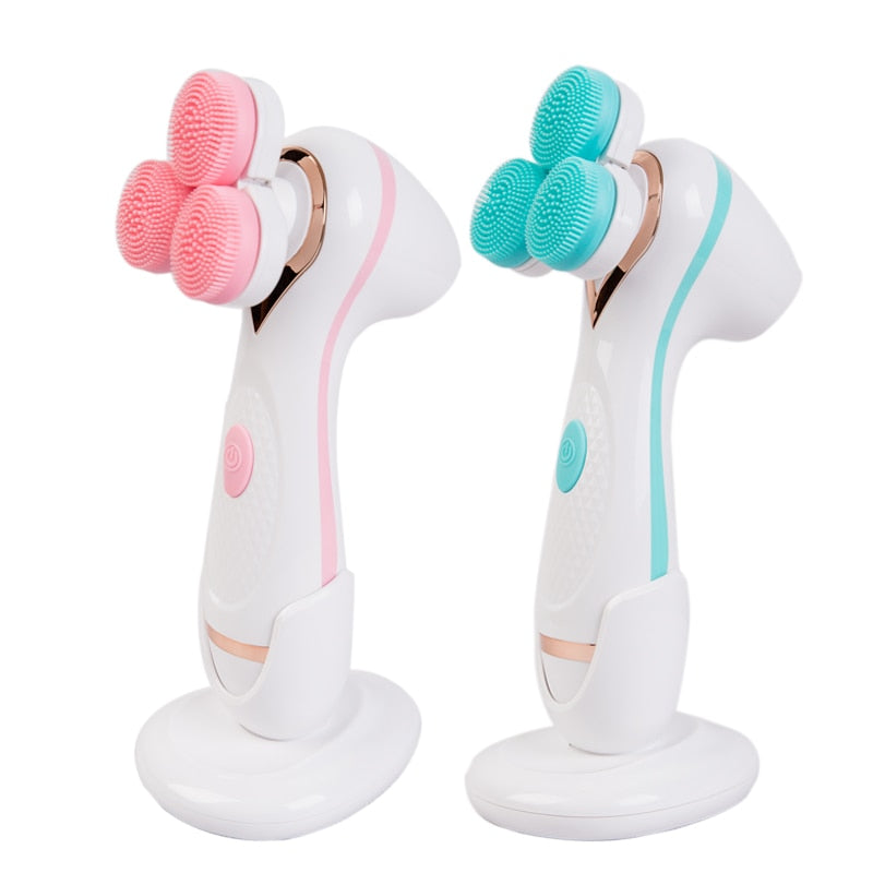 Waterproof facial cleansing brush with three interchangeable heads and charging base, designed for deep skin cleansing.