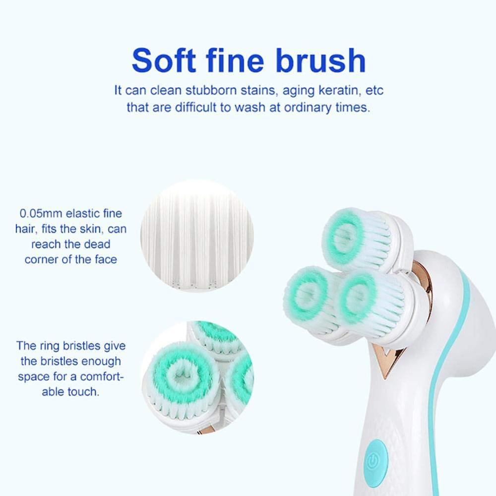 Waterproof facial cleansing brush with three interchangeable heads and charging base, designed for deep skin cleansing.