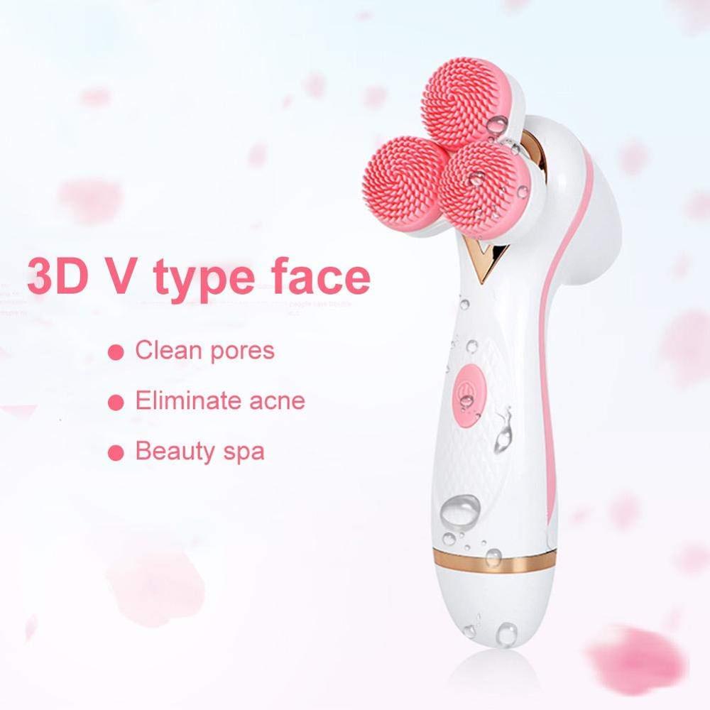 Waterproof facial cleansing brush with three interchangeable heads and charging base, designed for deep skin cleansing.