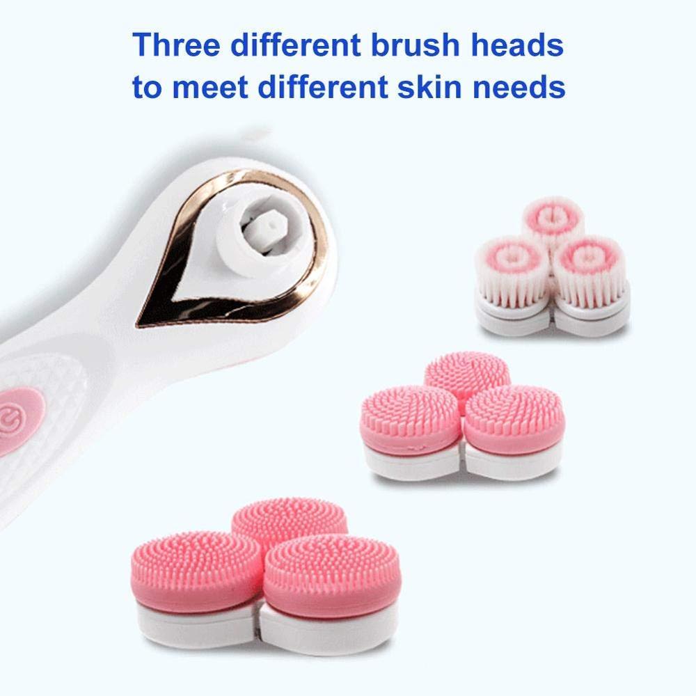 Waterproof facial cleansing brush with three interchangeable heads and charging base, designed for deep skin cleansing.