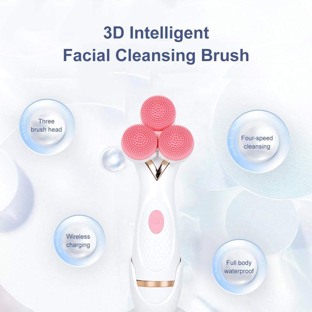 Waterproof facial cleansing brush with three interchangeable heads and charging base, designed for deep skin cleansing.