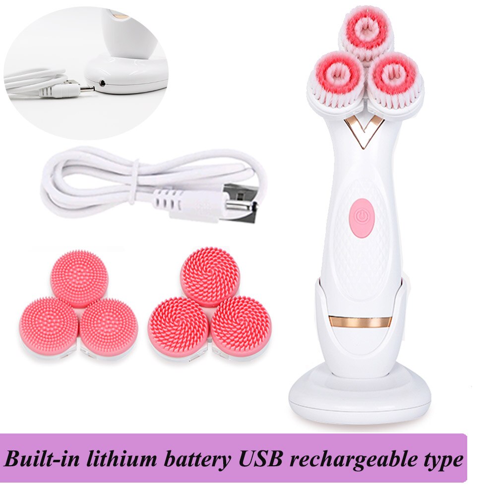 Waterproof facial cleansing brush with three interchangeable heads and charging base, designed for deep skin cleansing.