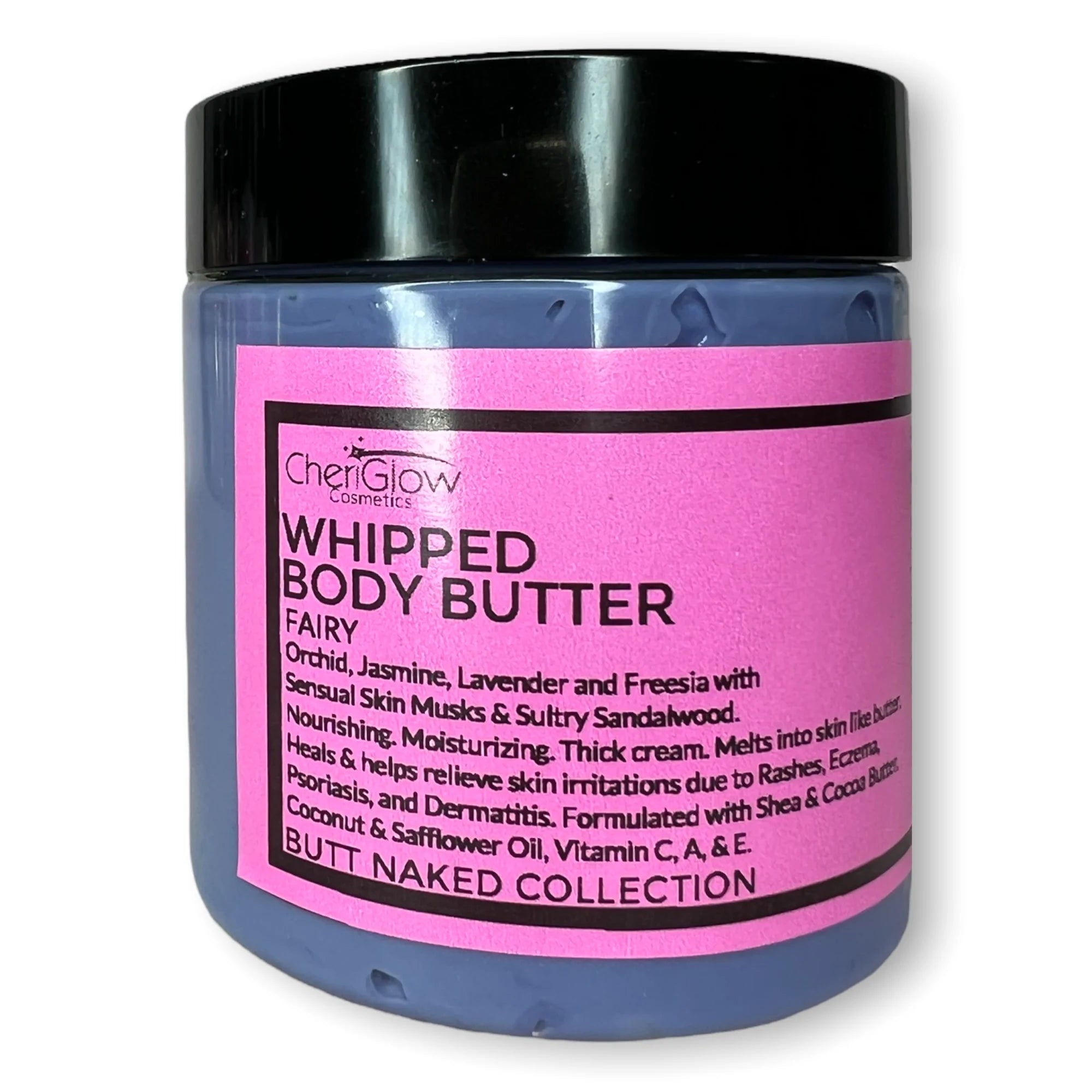 A jar of Whipped Body Butter - Paradise with a creamy texture, surrounded by natural ingredients like shea butter and coconut oil.