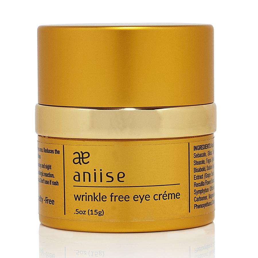 A jar of Wrinkle-Free Eye Cream with a smooth texture, surrounded by natural ingredients like Grape Seed and Green Tea.