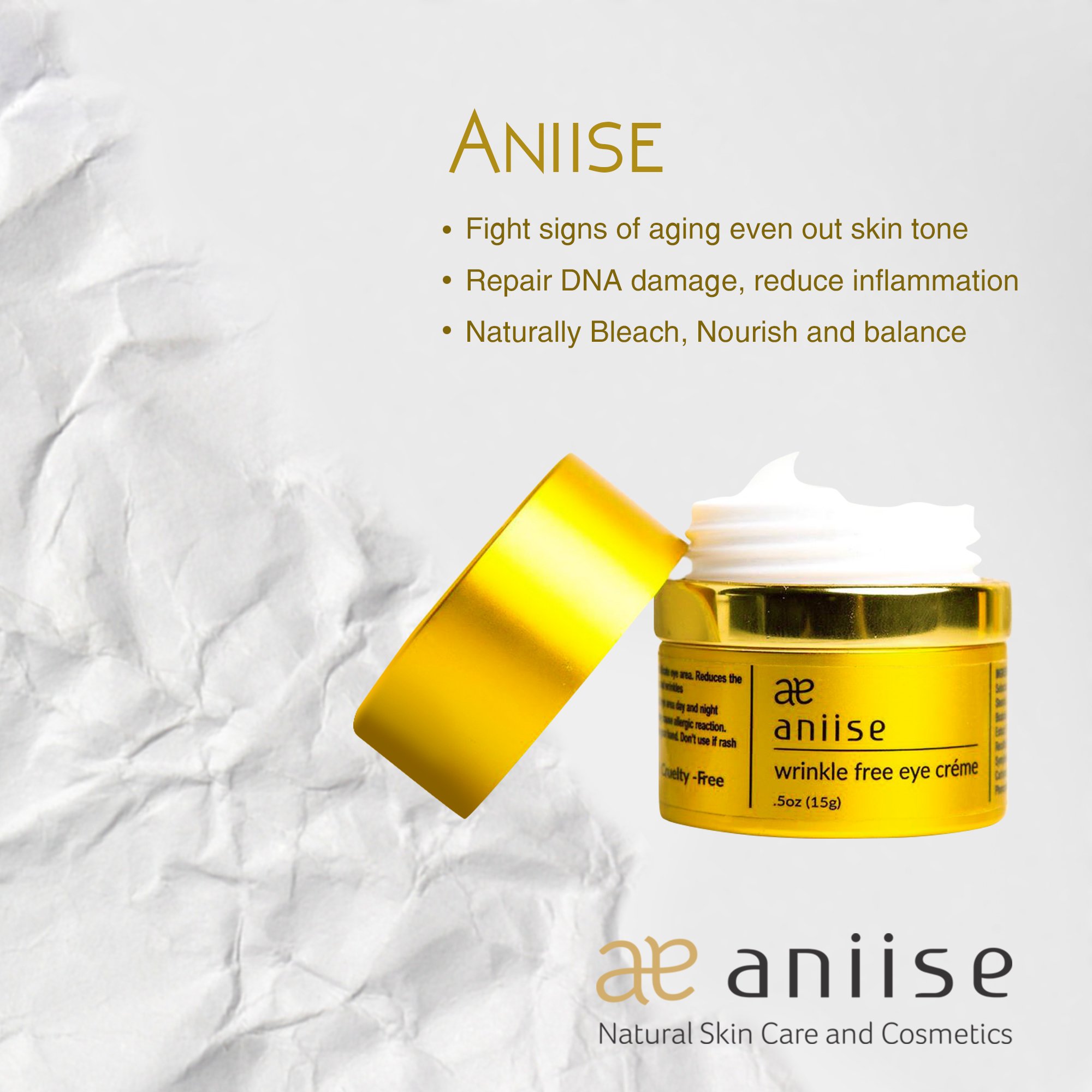 A jar of Wrinkle-Free Eye Cream with a smooth texture, surrounded by natural ingredients like Grape Seed and Green Tea.