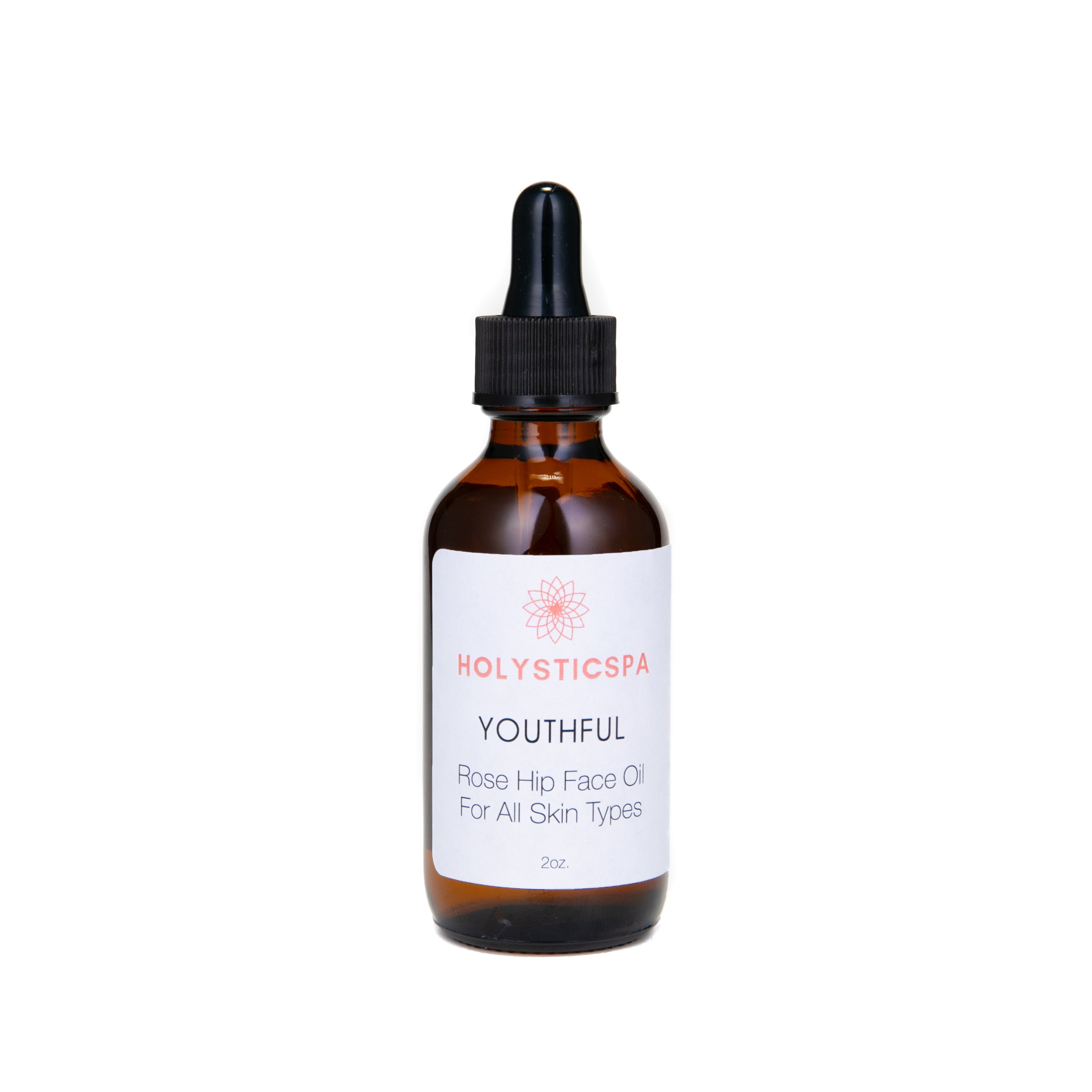 A bottle of Youthful Rosehip Face Oil with a dropper, surrounded by natural ingredients like rose hips and essential oils, showcasing its organic formulation.