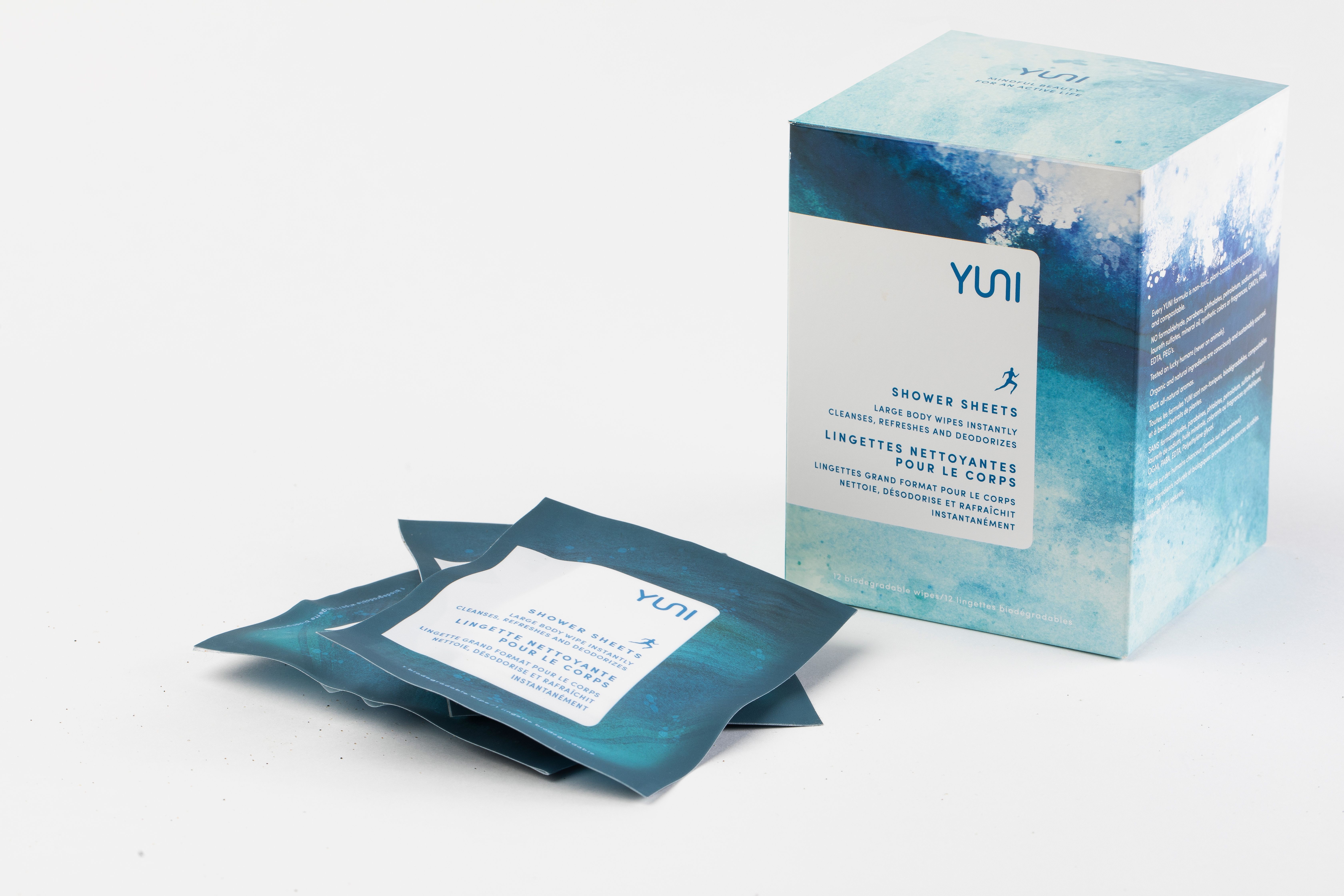 Yuni Shower Sheets packaging.