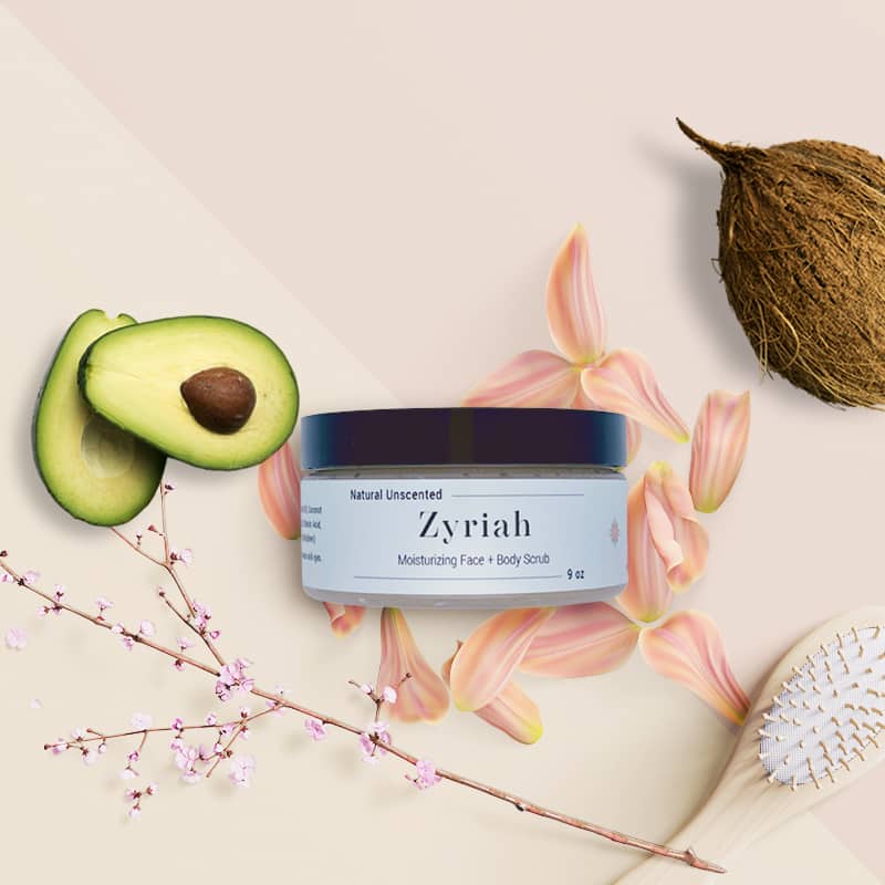 Zyriah Moisturizing Face + Body Sugar Scrub in a 9oz jar, showcasing its organic ingredients and luxurious texture.