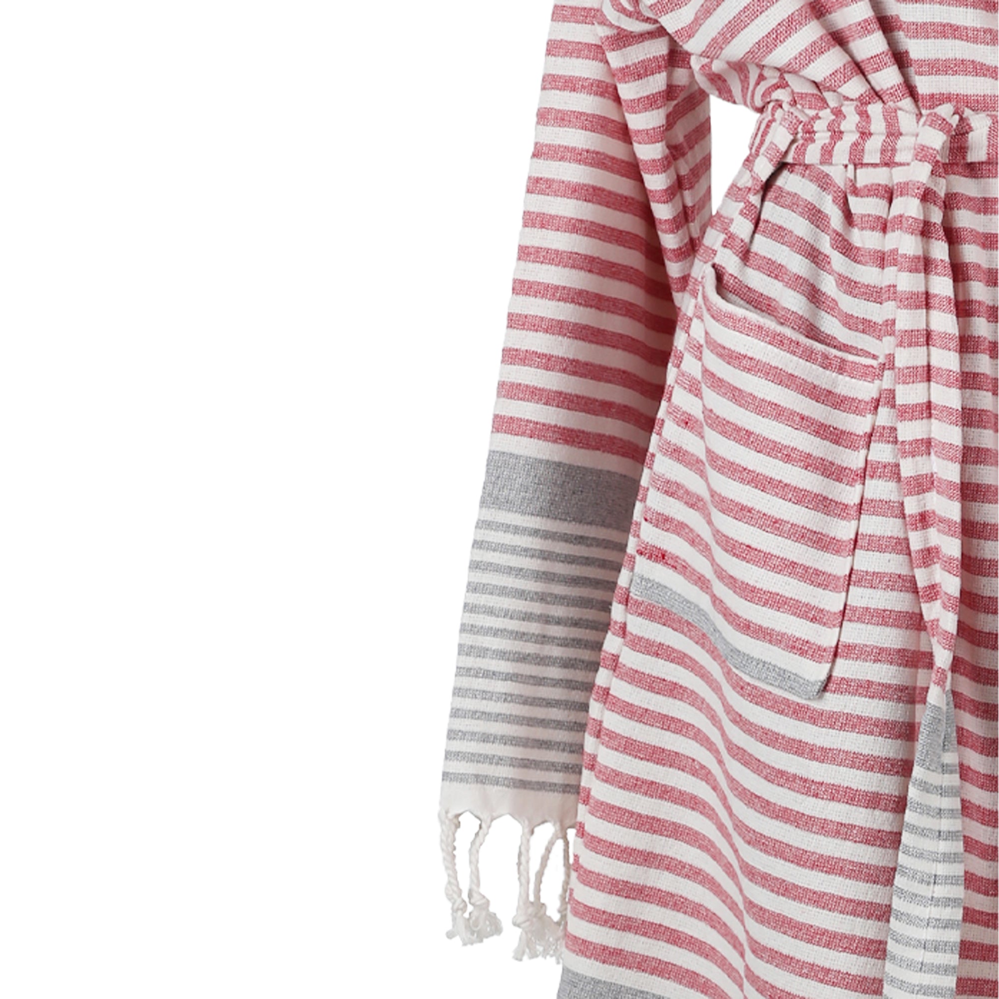 A luxurious 100% cotton peshtemal robe in vibrant red with a stylish striped design, showcasing its ultra-soft texture and absorbent quality.