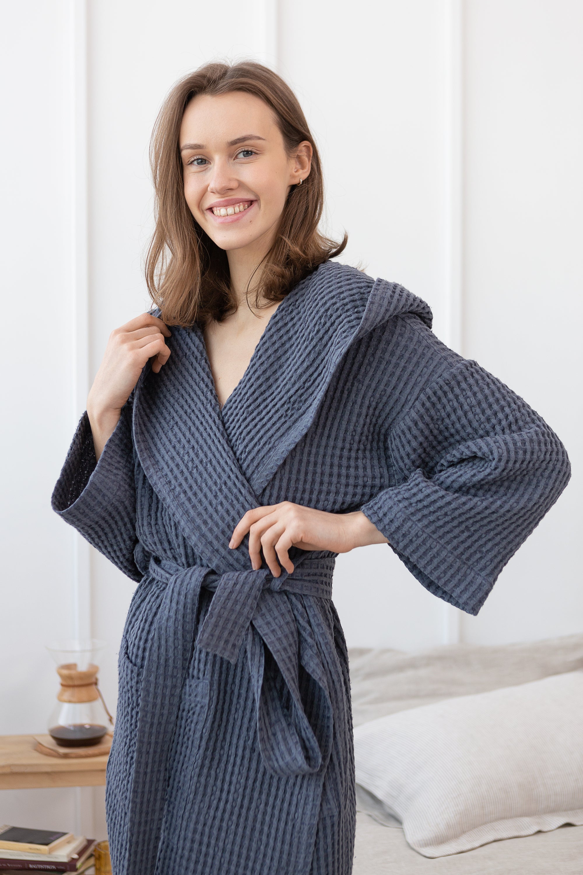 Asphalt Grey linen waffle robe with a cozy hoodie, featuring a soft texture and two front pockets, displayed elegantly.