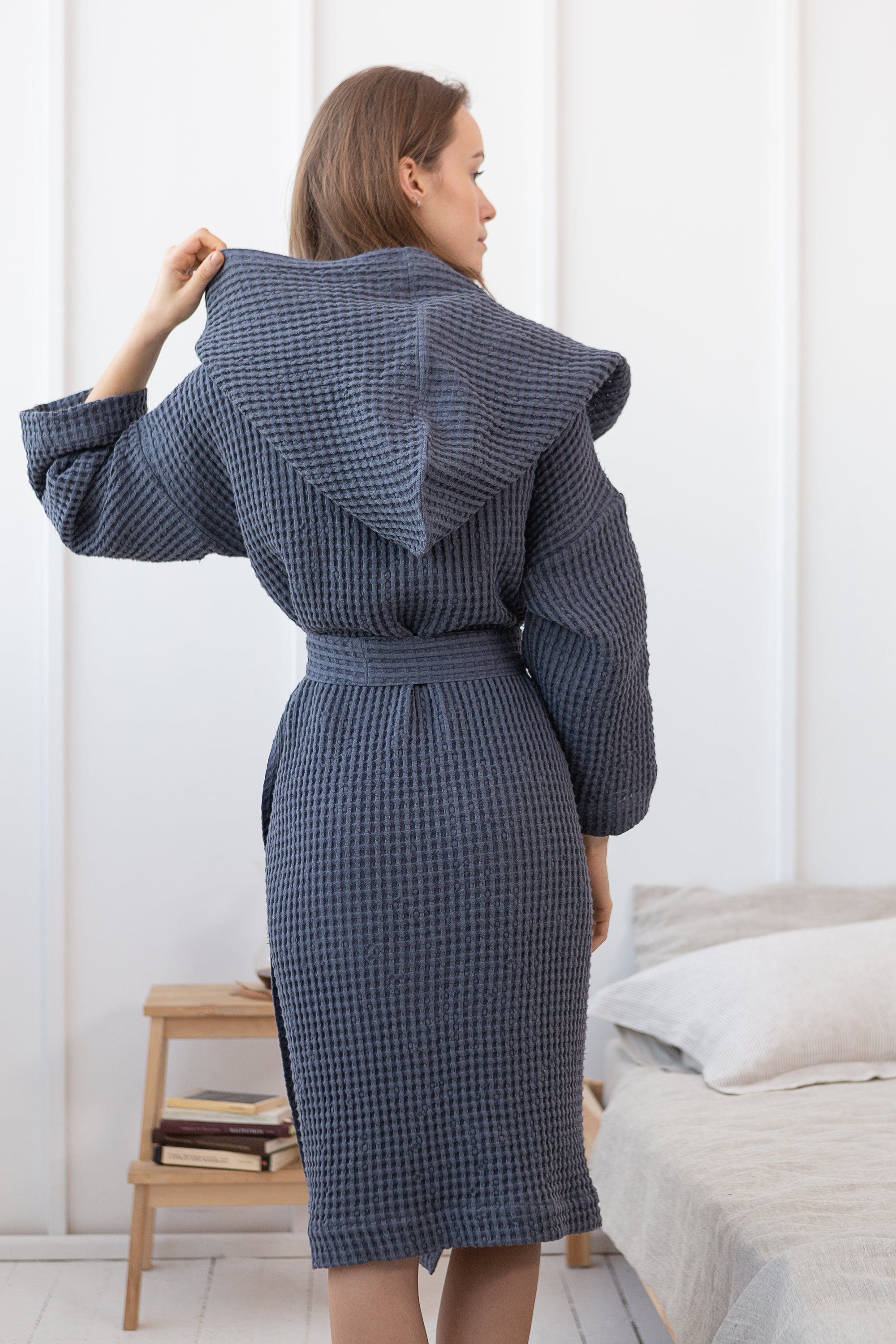 Asphalt Grey linen waffle robe with a cozy hoodie, featuring a soft texture and two front pockets, displayed elegantly.