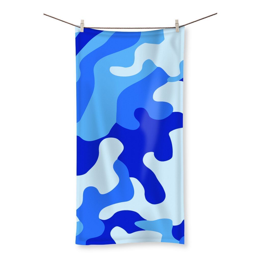 Blue Camo 1 Beach Towel featuring a vibrant camo design, lightweight microfiber material, and terry towelling loop reverse side.