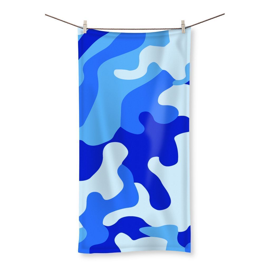 Blue Camo 1 Beach Towel featuring a vibrant camo design, lightweight microfiber material, and terry towelling loop reverse side.