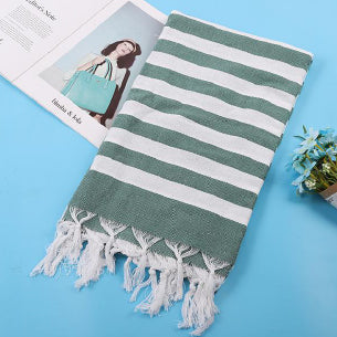 Bold Towel 180GSM made from 100% Turkish cotton, featuring decorative tassels and striped design in charcoal or green.