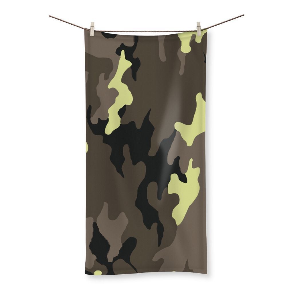 Camofludge 10 Beach Towel featuring a vibrant camo design on one side and a soft terry towelling loop on the reverse, ideal for beach and gym use.