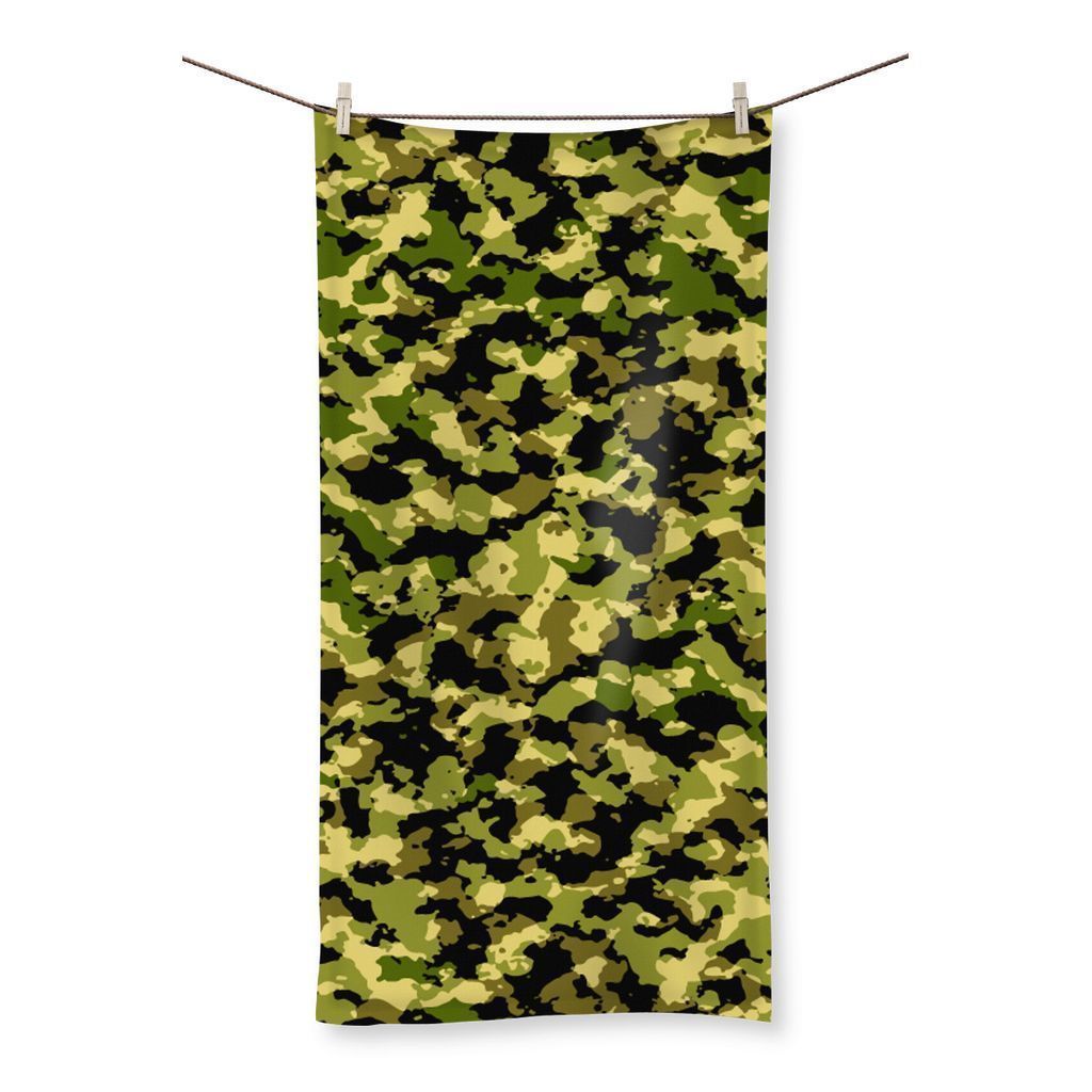 Camofludge 2 Beach Towel featuring a vibrant full-color design on one side and a soft terry towelling loop on the reverse, perfect for beach or gym use.