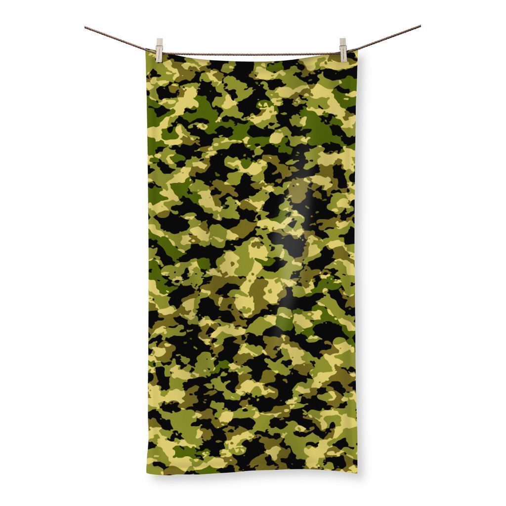 Camofludge 2 Beach Towel featuring a vibrant full-color design on one side and a soft terry towelling loop on the reverse, perfect for beach or gym use.