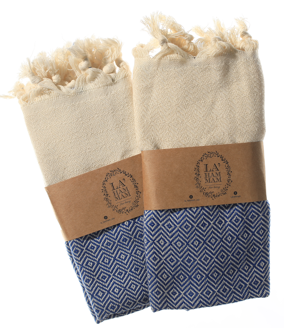 La'Hammam Diamond Turkish Cotton Kitchen/Hand Towels in white with stripes and handmade fringes, showcasing their luxurious texture and design.