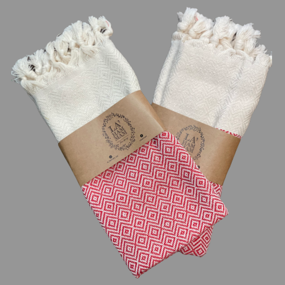 La'Hammam Diamond Turkish Cotton Kitchen/Hand Towels in white with stripes and handmade fringes, showcasing their luxurious texture and design.