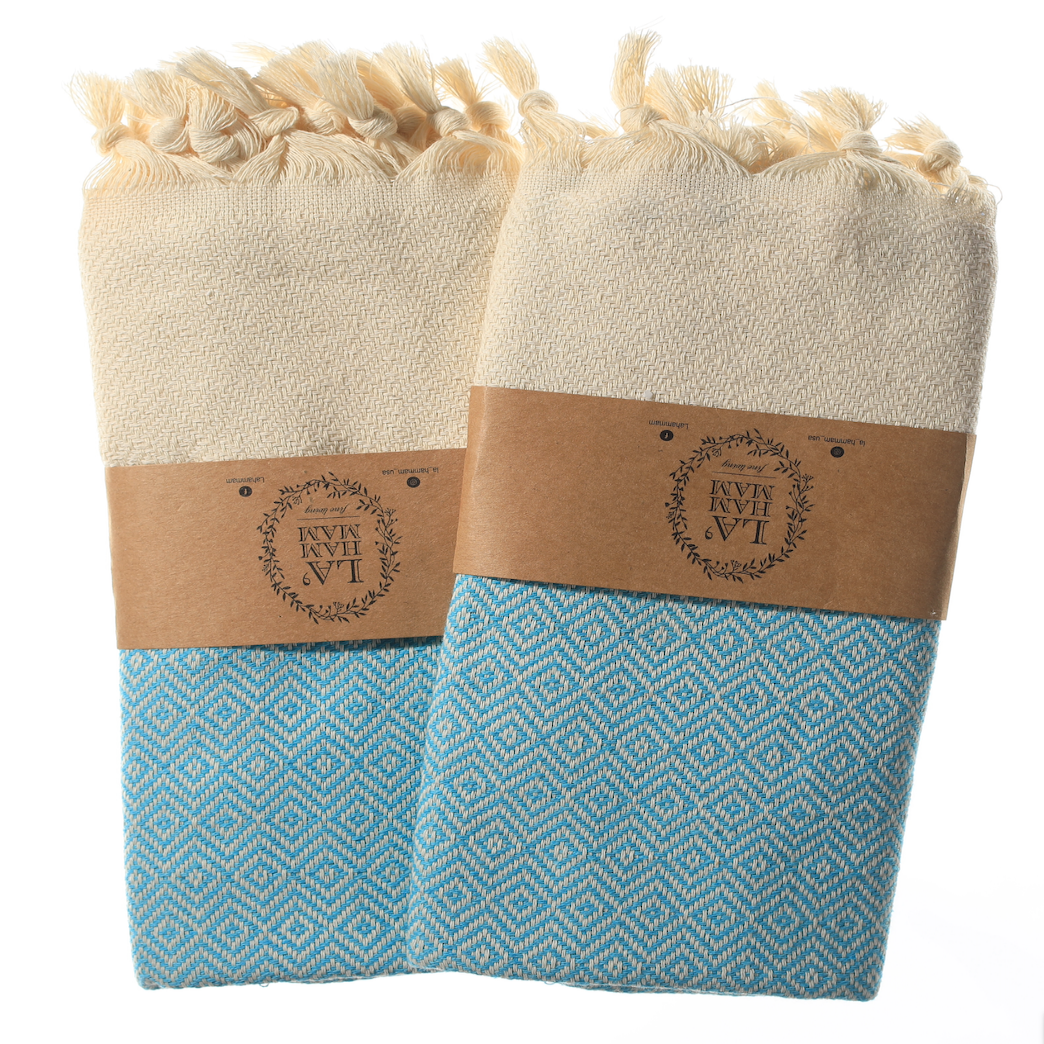 La'Hammam Diamond Turkish Cotton Kitchen/Hand Towels in white with stripes and handmade fringes, showcasing their luxurious texture and design.