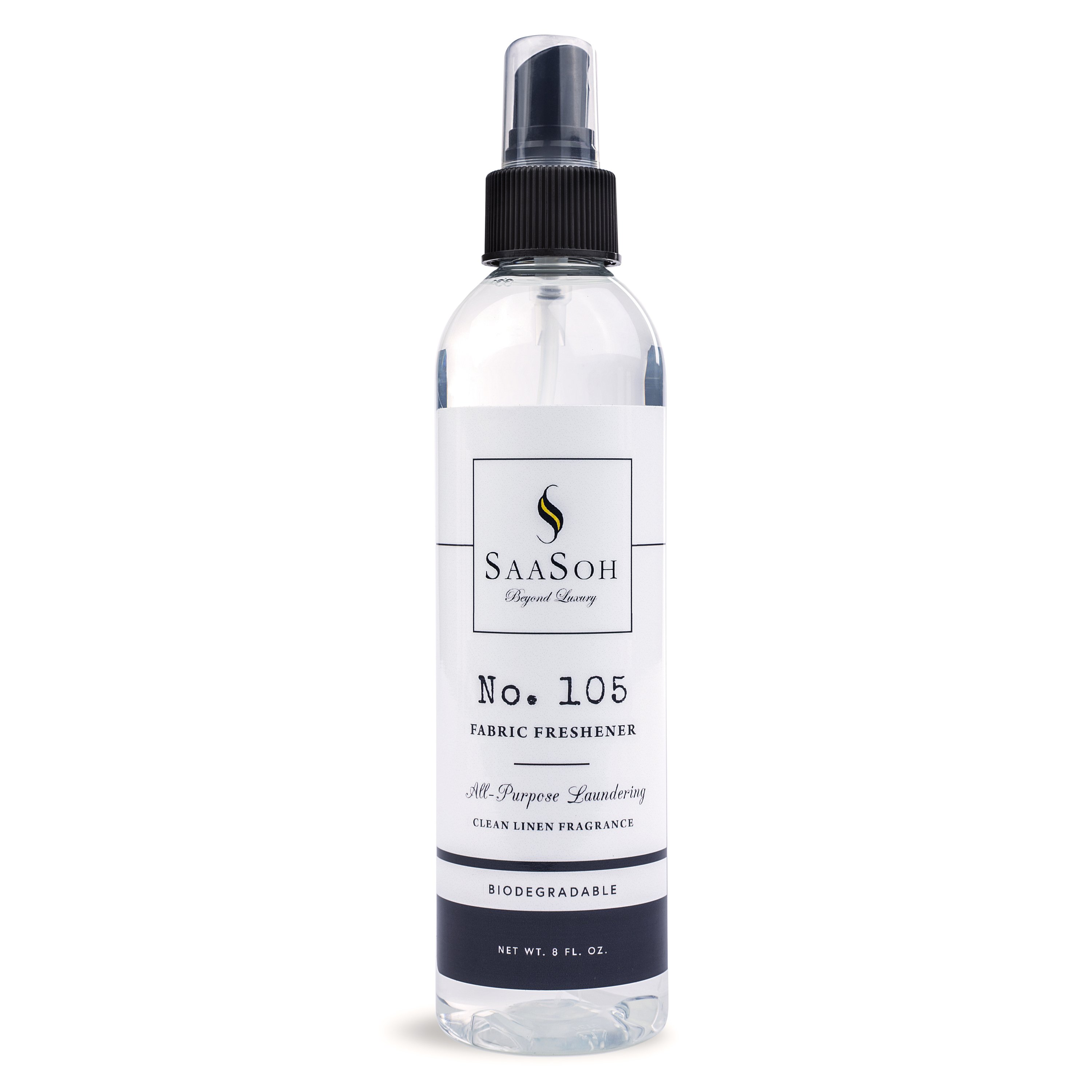 A bottle of Fabric Freshener No.105 8 fl oz spray with a sleek design, showcasing its natural ingredients and essential oils for freshening fabrics.