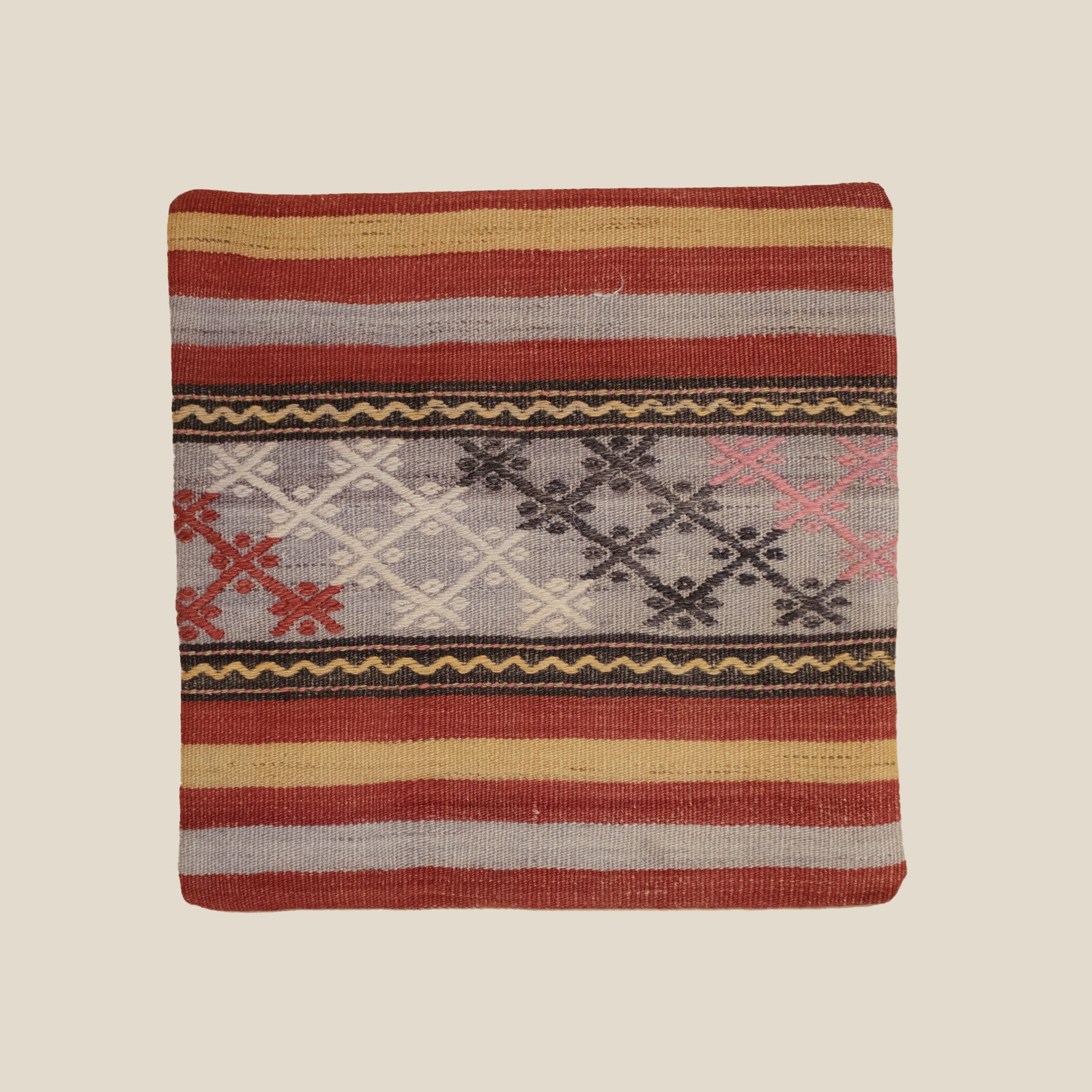 Kilim Cushion Ferhan featuring vibrant vintage patterns from Turkish kilims, with a sturdy cotton canvas back.