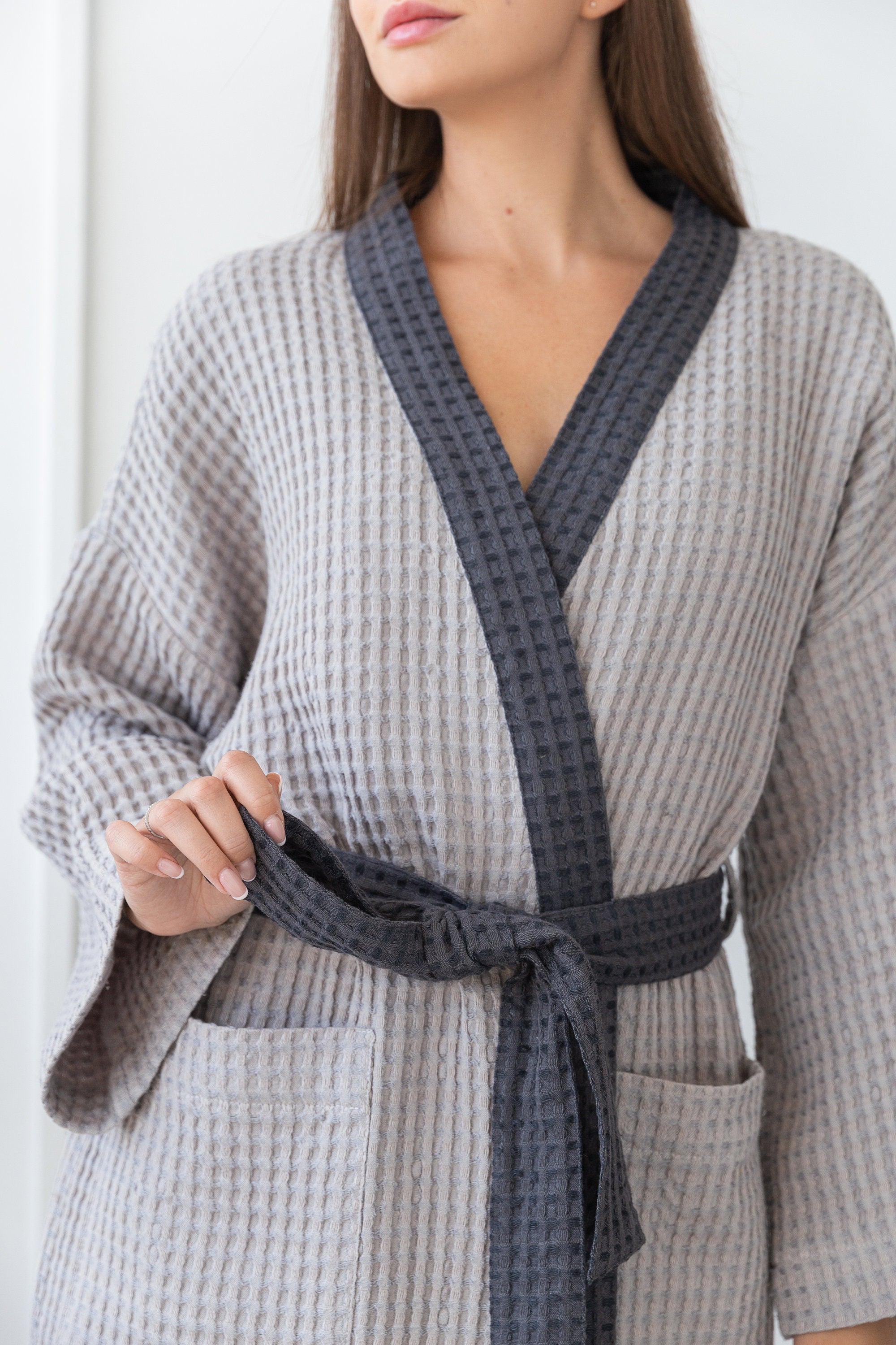 Light Grey and Grey linen waffle robe showcasing its luxurious texture and stylish design with contrast details.