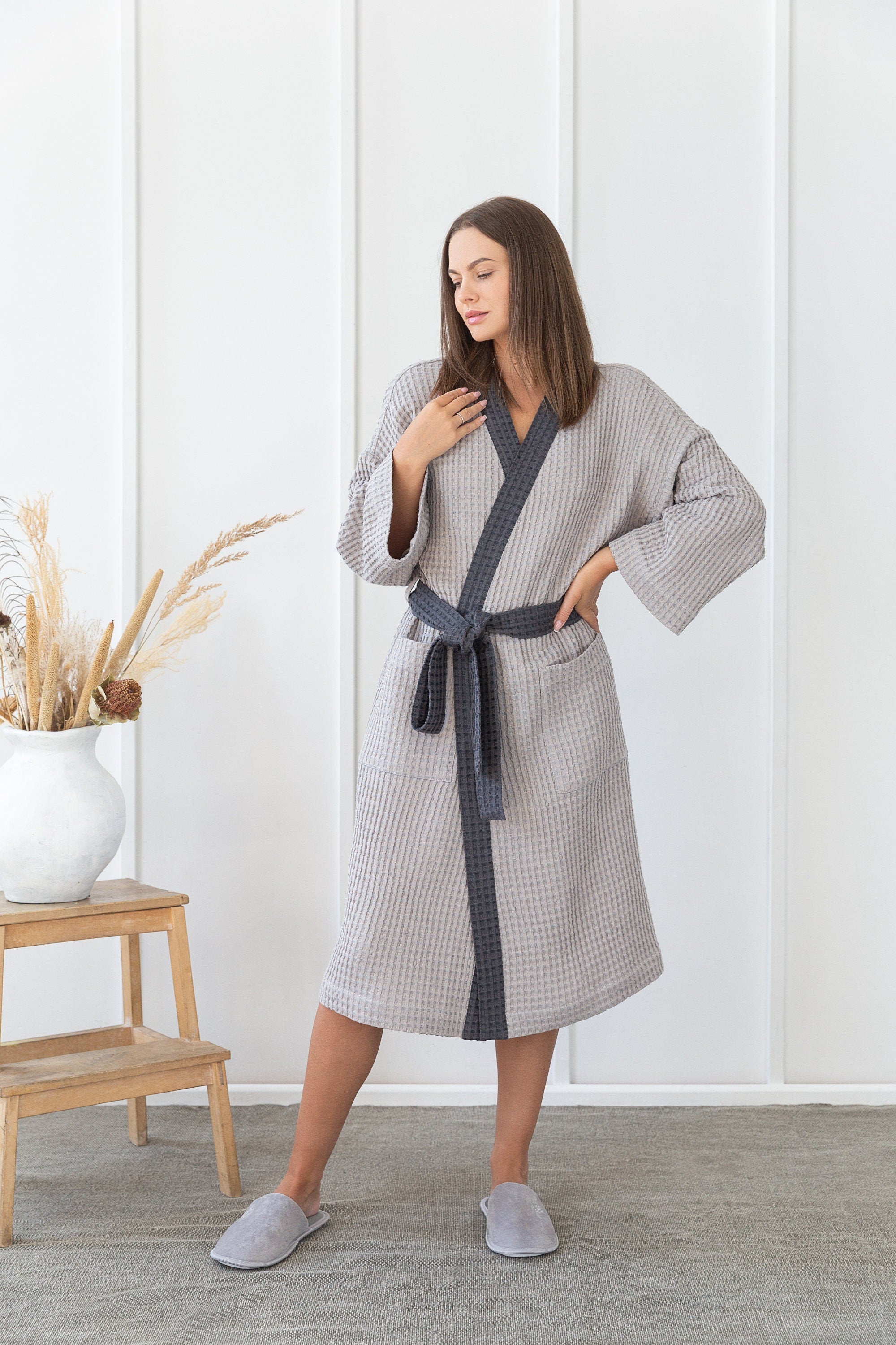 Light Grey and Grey linen waffle robe showcasing its luxurious texture and stylish design with contrast details.