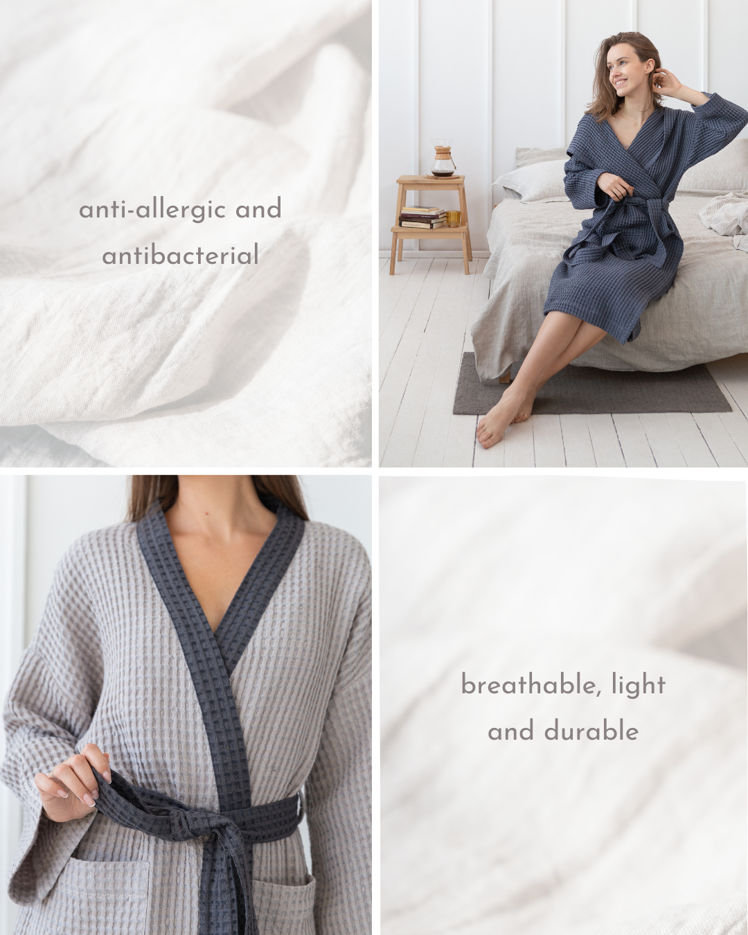 Light Grey and Grey linen waffle robe showcasing its luxurious texture and stylish design with contrast details.