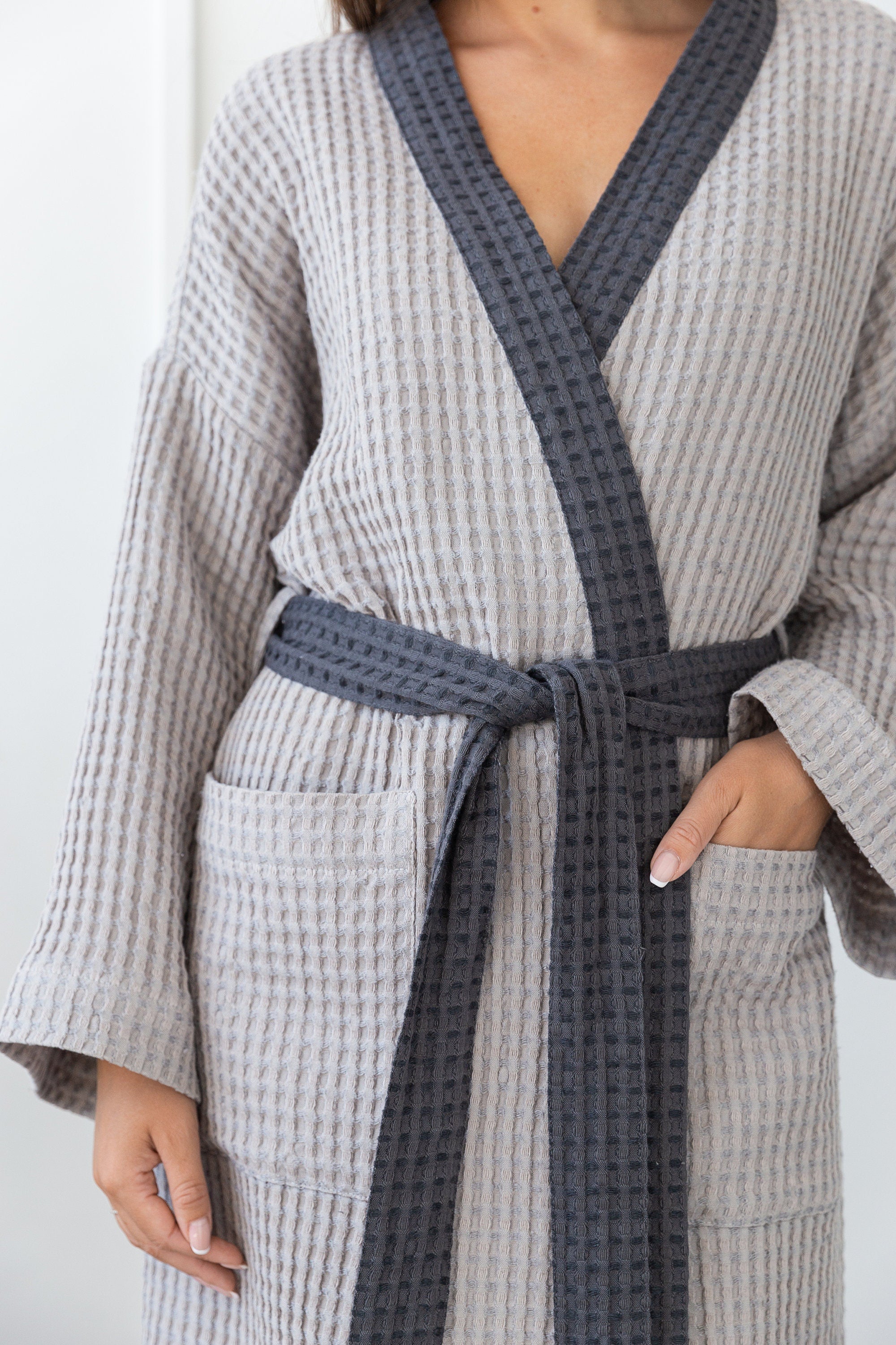 Light Grey and Grey linen waffle robe showcasing its luxurious texture and stylish design with contrast details.