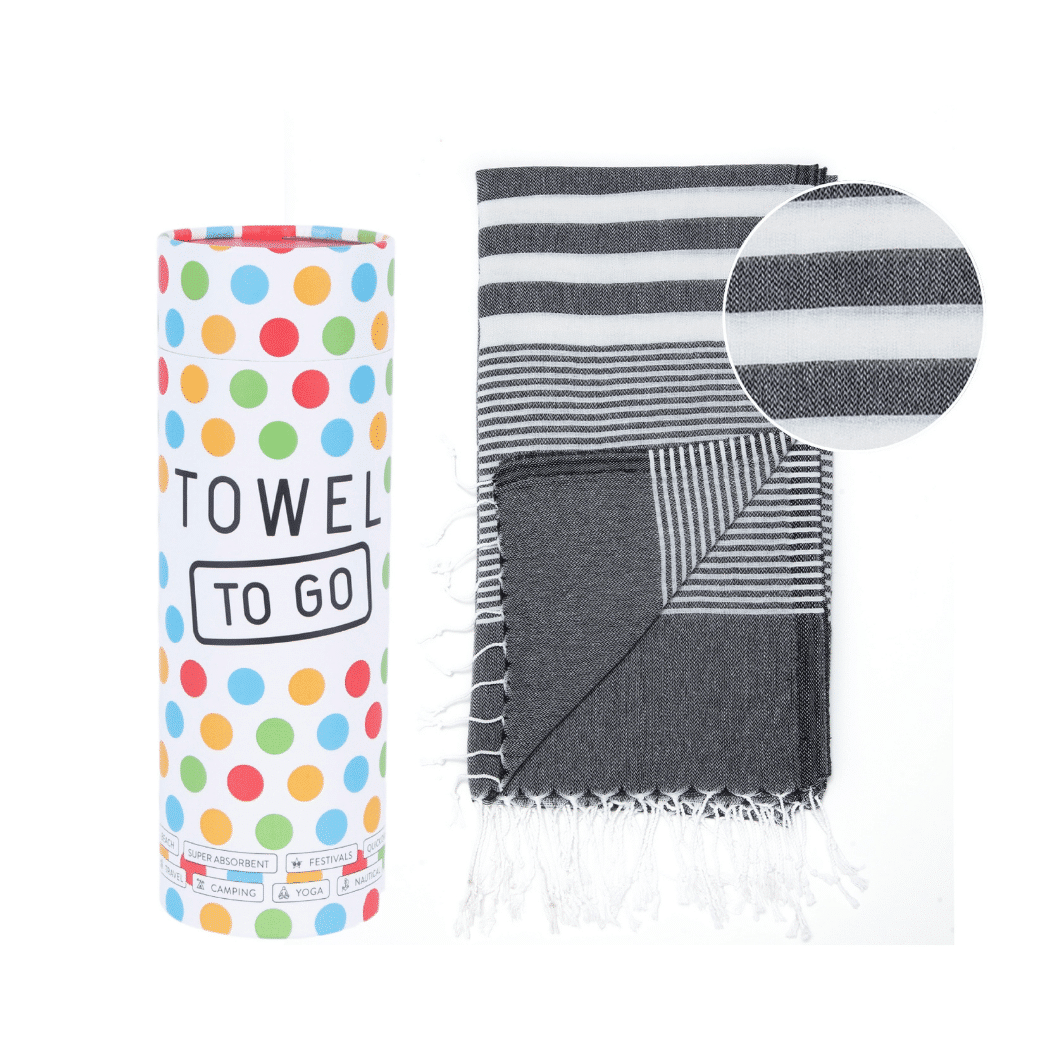 Malibu Hammam Towel in black, made from 100% cotton, displayed in a recycled gift box, showcasing its stylish and eco-friendly design.