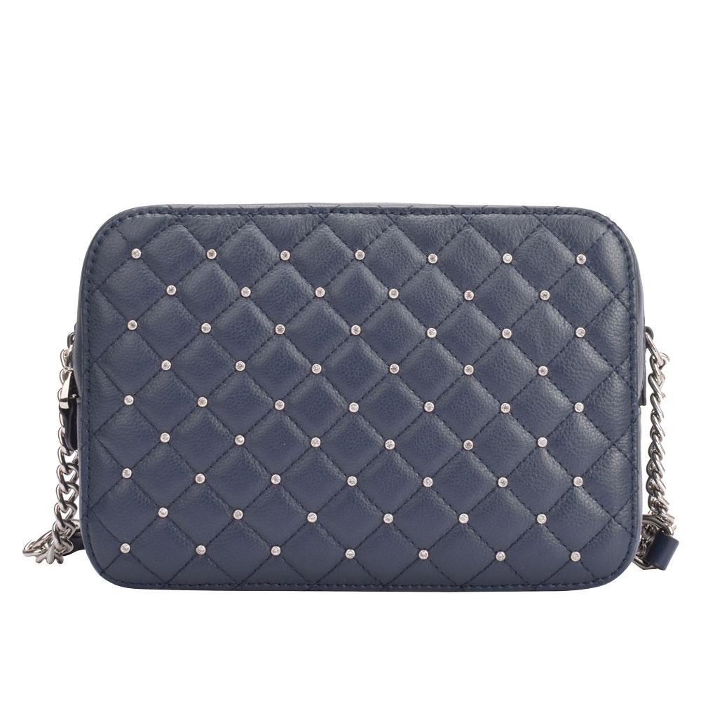 Maria Carla luxury leather handbag in navy with soft quilted texture, adjustable chain strap, and silver metal detailing.