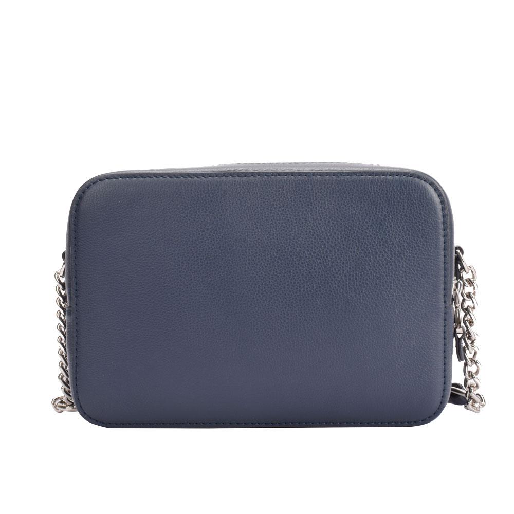 Maria Carla luxury leather handbag in navy with soft quilted texture, adjustable chain strap, and silver metal detailing.