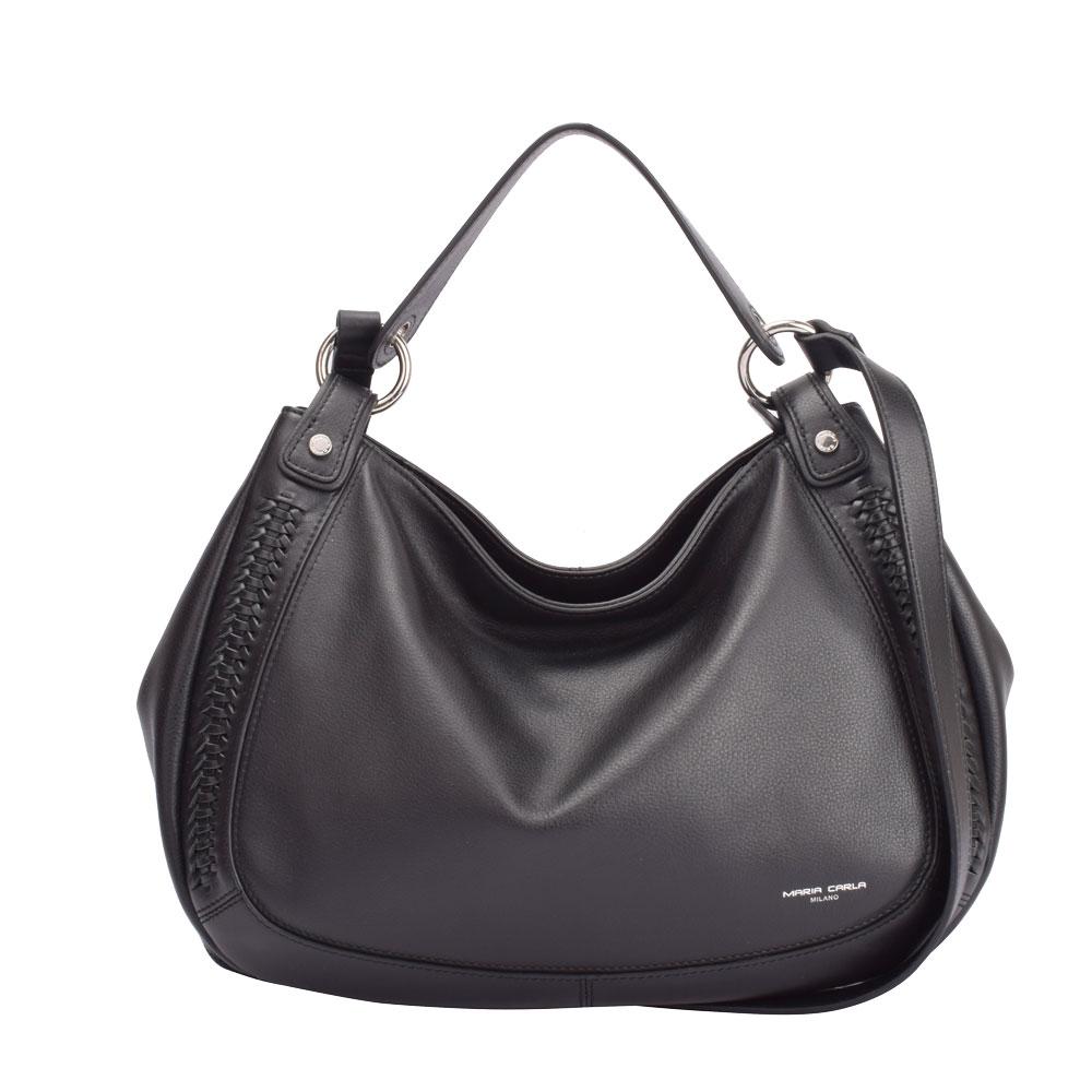 Maria Carla Luxury Leather Handbag in black, featuring smooth cow leather, silver metal detailing, and a detachable strap.