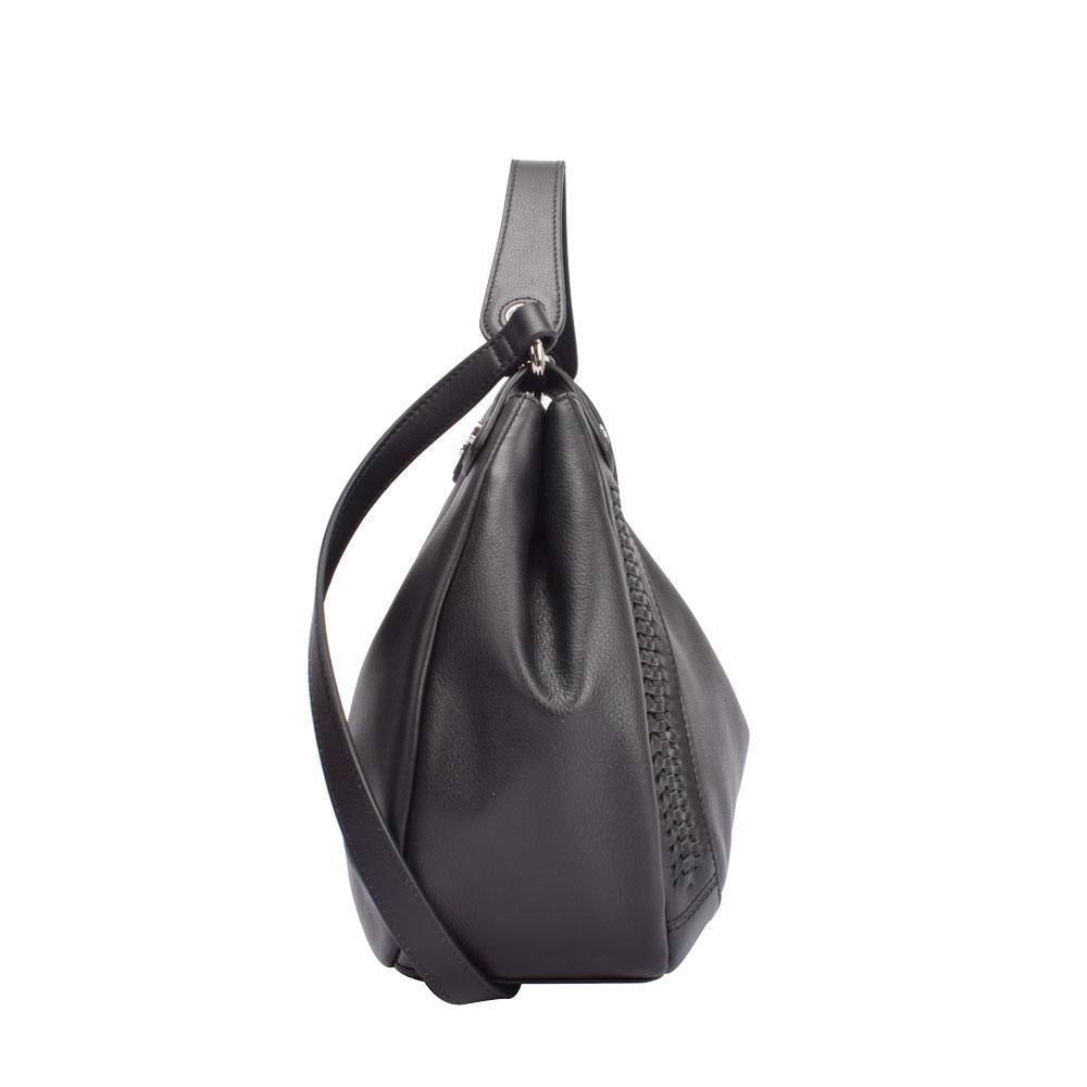 Maria Carla Luxury Leather Handbag in black, featuring smooth cow leather, silver metal detailing, and a detachable strap.