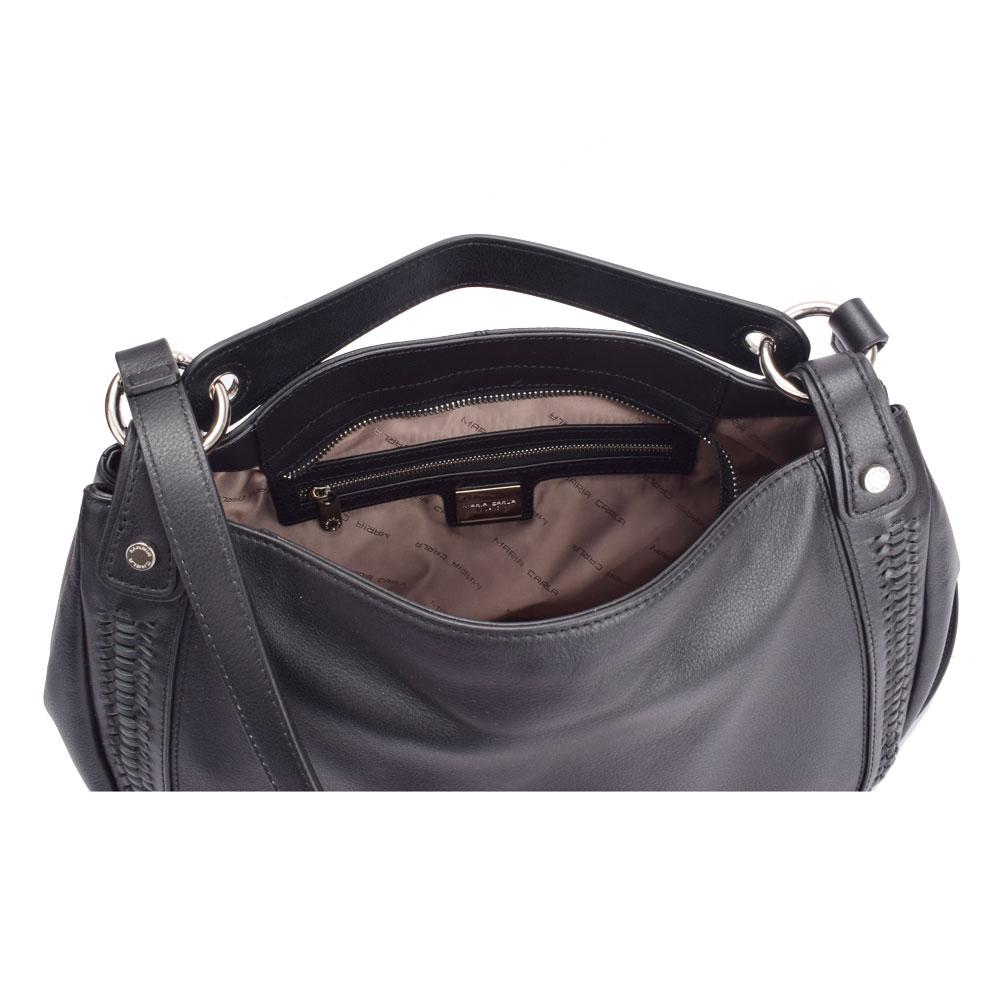 Maria Carla Luxury Leather Handbag in black, featuring smooth cow leather, silver metal detailing, and a detachable strap.