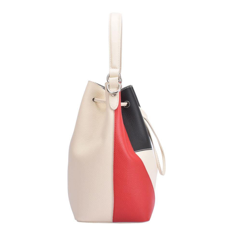 Maria Carla Luxury Leather Handbag in tri-color smooth leather with adjustable strap and silver detailing, featuring a removable pouch and dust bag.