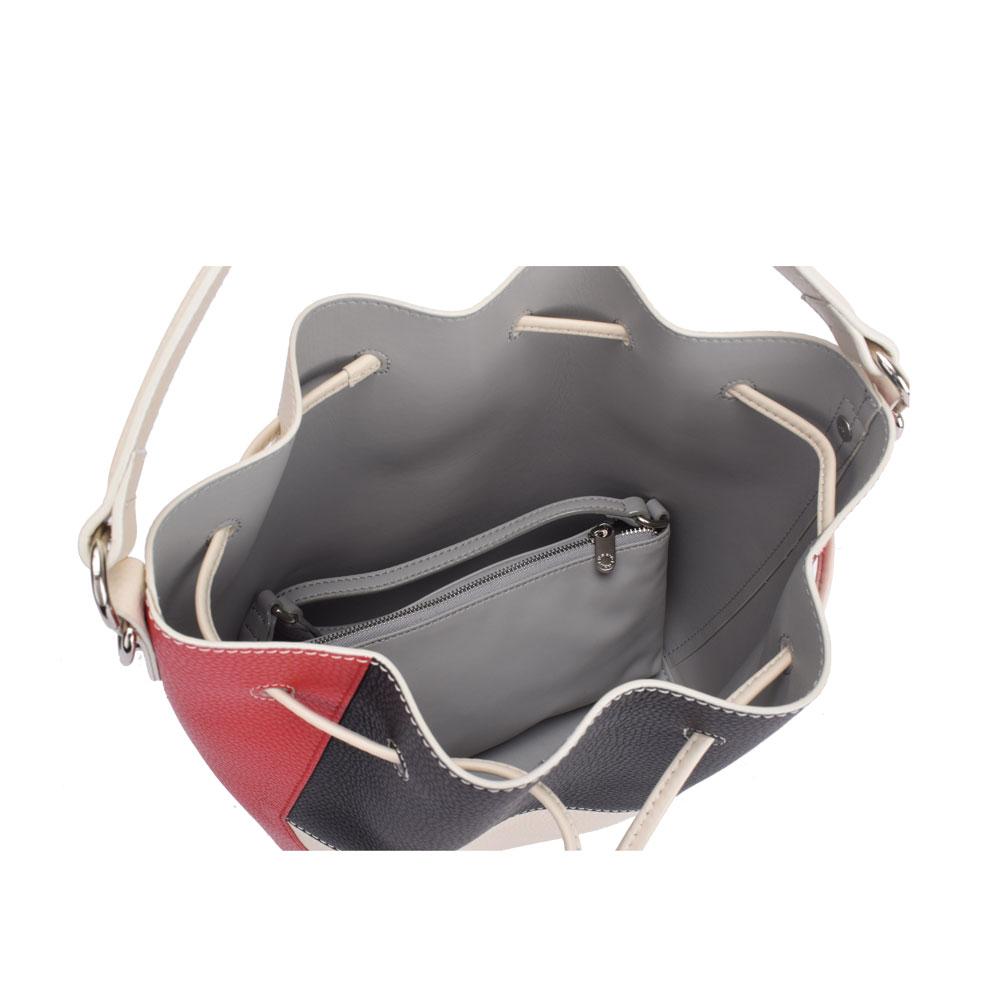 Maria Carla Luxury Leather Handbag in tri-color smooth leather with adjustable strap and silver detailing, featuring a removable pouch and dust bag.