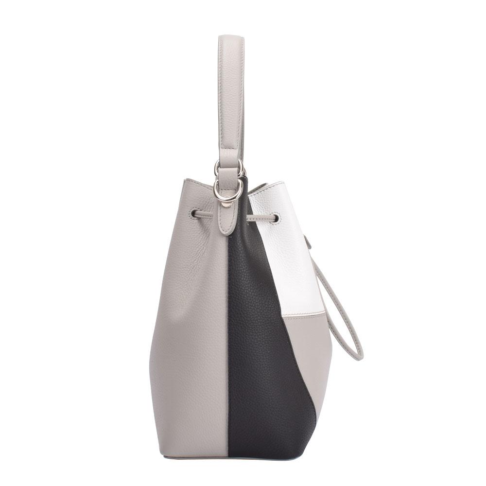 Maria Carla Luxury Leather Handbag in tri-color smooth leather with adjustable strap and silver detailing, featuring a removable pouch and dust bag.