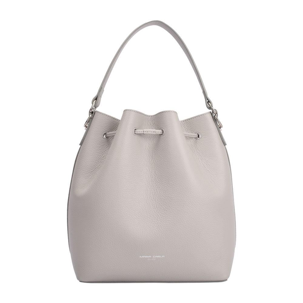 Maria Carla Luxury Leather Handbag in tri-color smooth leather with adjustable strap and silver detailing, featuring a removable pouch and dust bag.