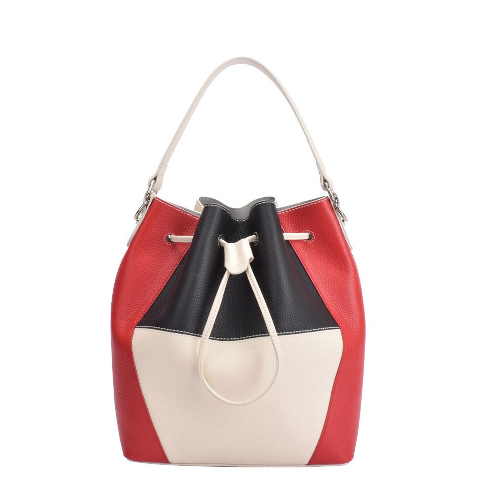 Maria Carla Luxury Leather Handbag in tri-color smooth leather with adjustable strap and silver detailing, featuring a removable pouch and dust bag.