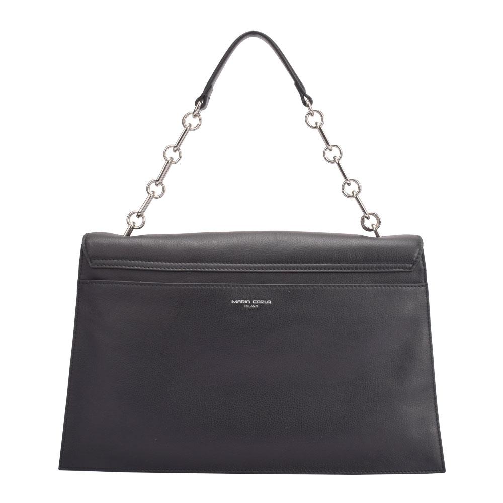 Maria Carla Luxury Leather Handbag in smooth cow leather with chain handle and silver metal detailing, featuring a spacious main compartment and adjustable strap.