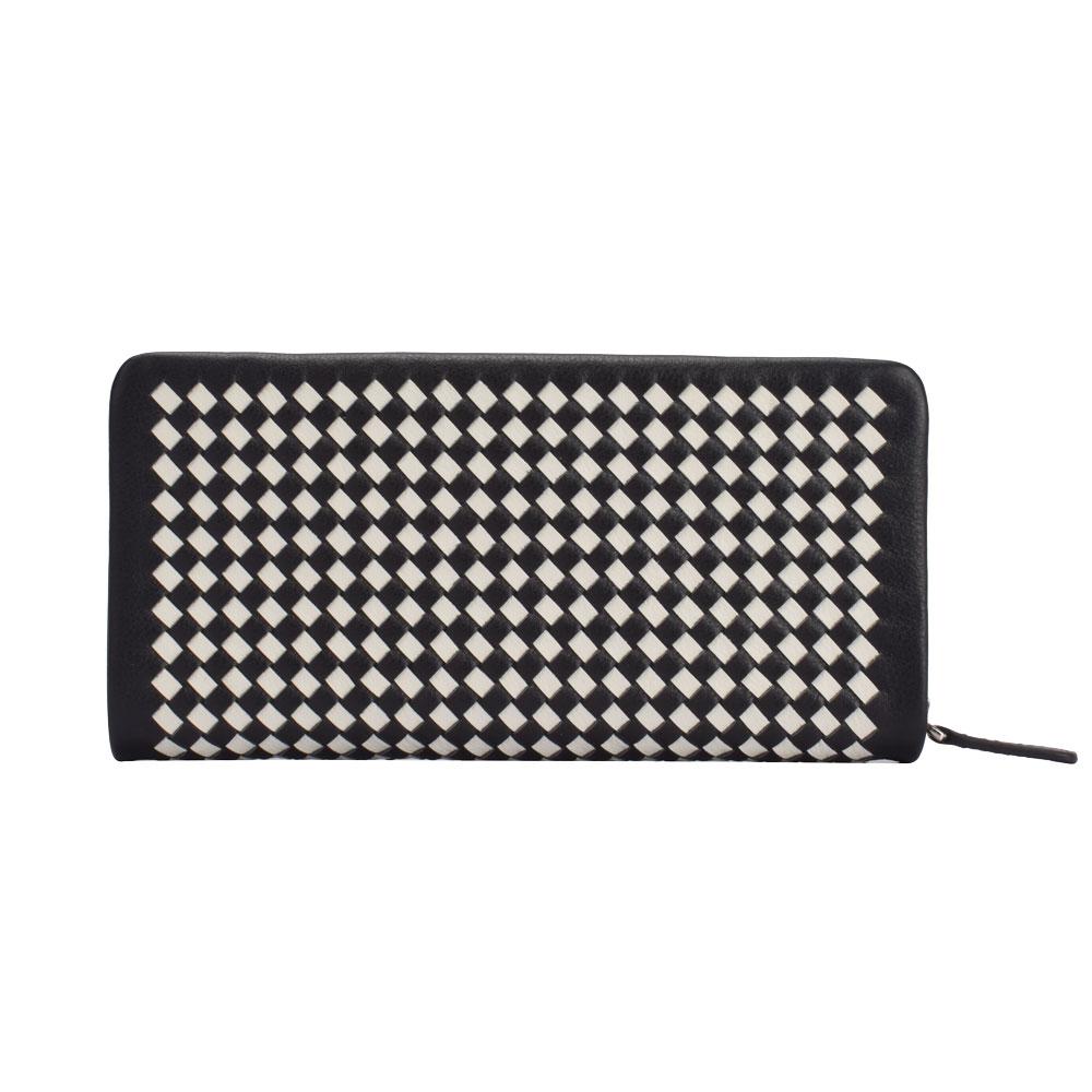 Maria Carla Women's Luxury Leather Long Wallet in black and white, featuring a zip closure and multiple compartments for cards and cash.