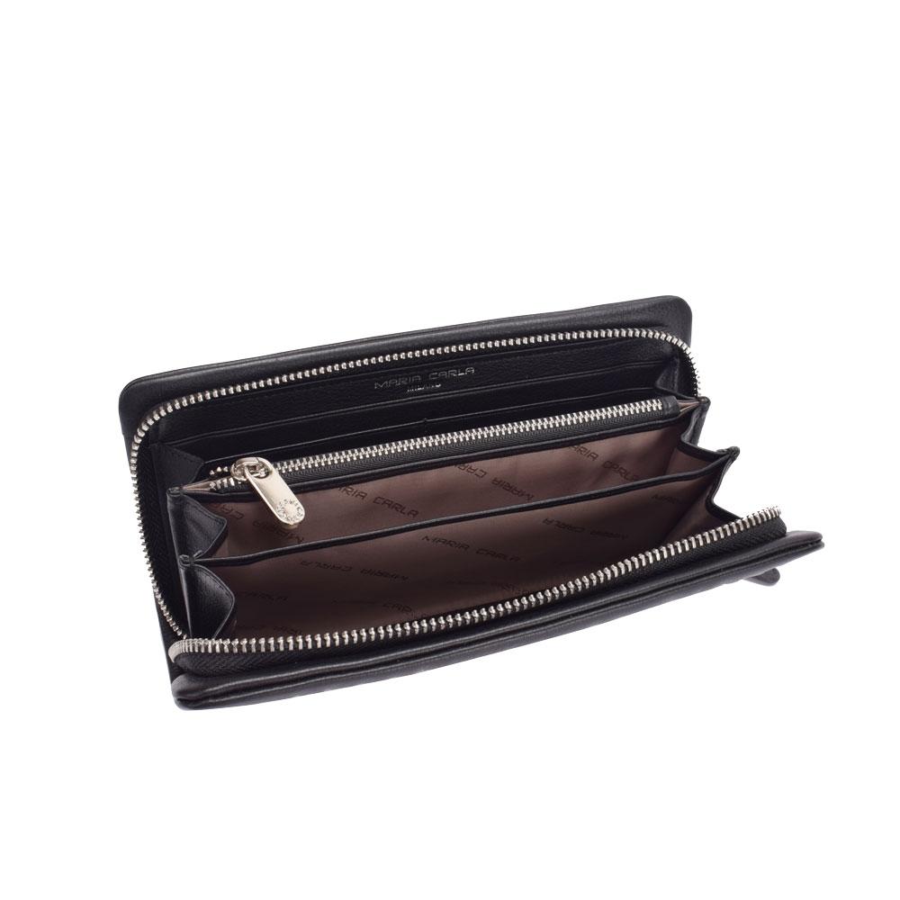 Maria Carla Women's Luxury Leather Long Wallet in black and white, featuring a zip closure and multiple compartments for cards and cash.