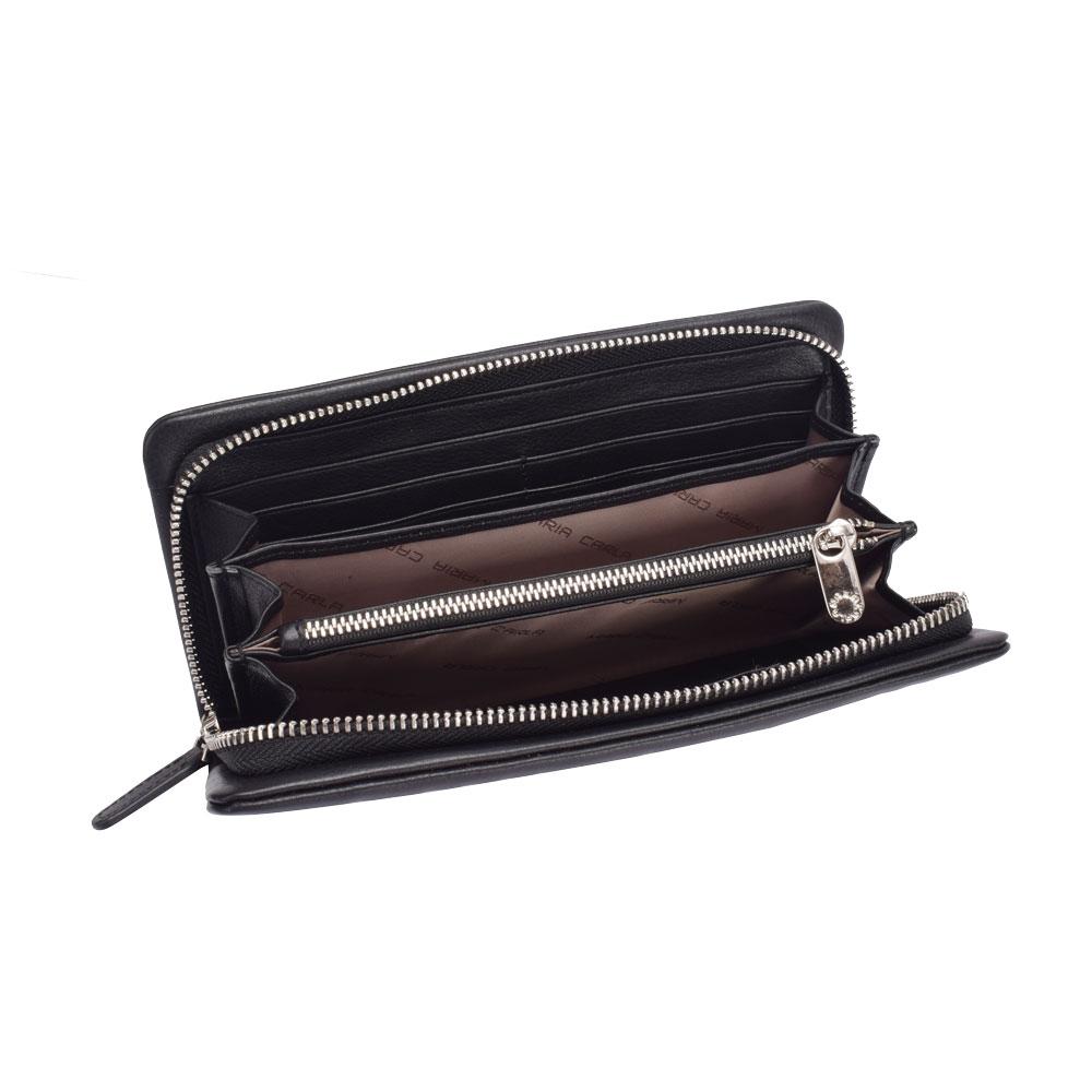 Maria Carla Women's Luxury Leather Long Wallet in black and white, featuring a zip closure and multiple compartments for cards and cash.