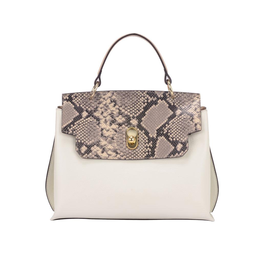 Maria Carla Women's Luxury Leather Handbag in off-white/beige with snake skin flap and adjustable strap.